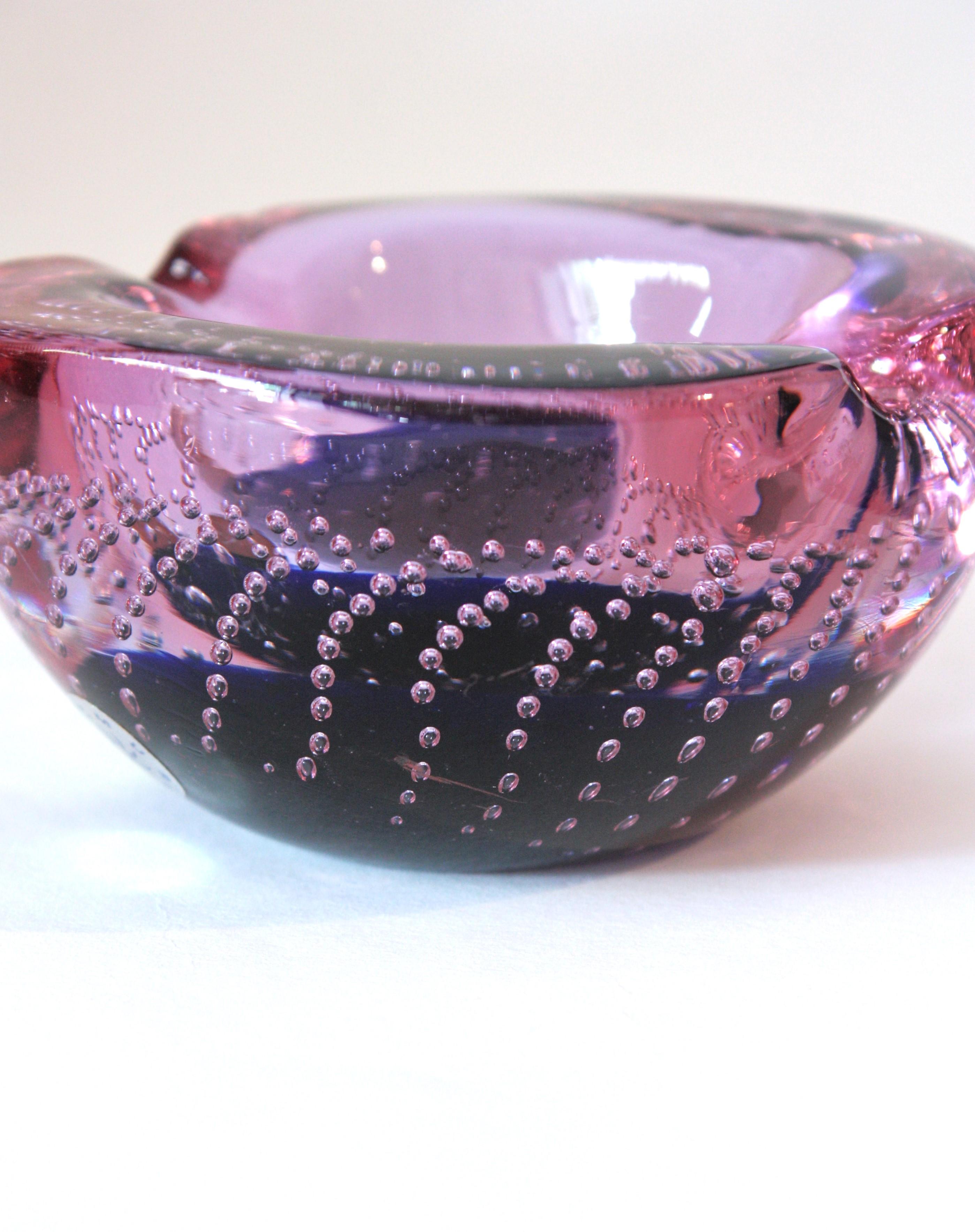Midcentury Murano Pink Purple Bubbles Geode Art Glass Bowl by Galliano Ferro For Sale 2