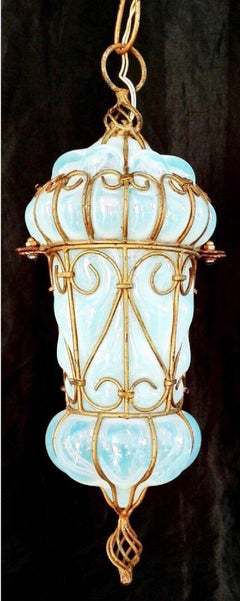 Midcentury Murano Seguso Opaline Art Glass Caged Pendant Light, Brass, 1950s