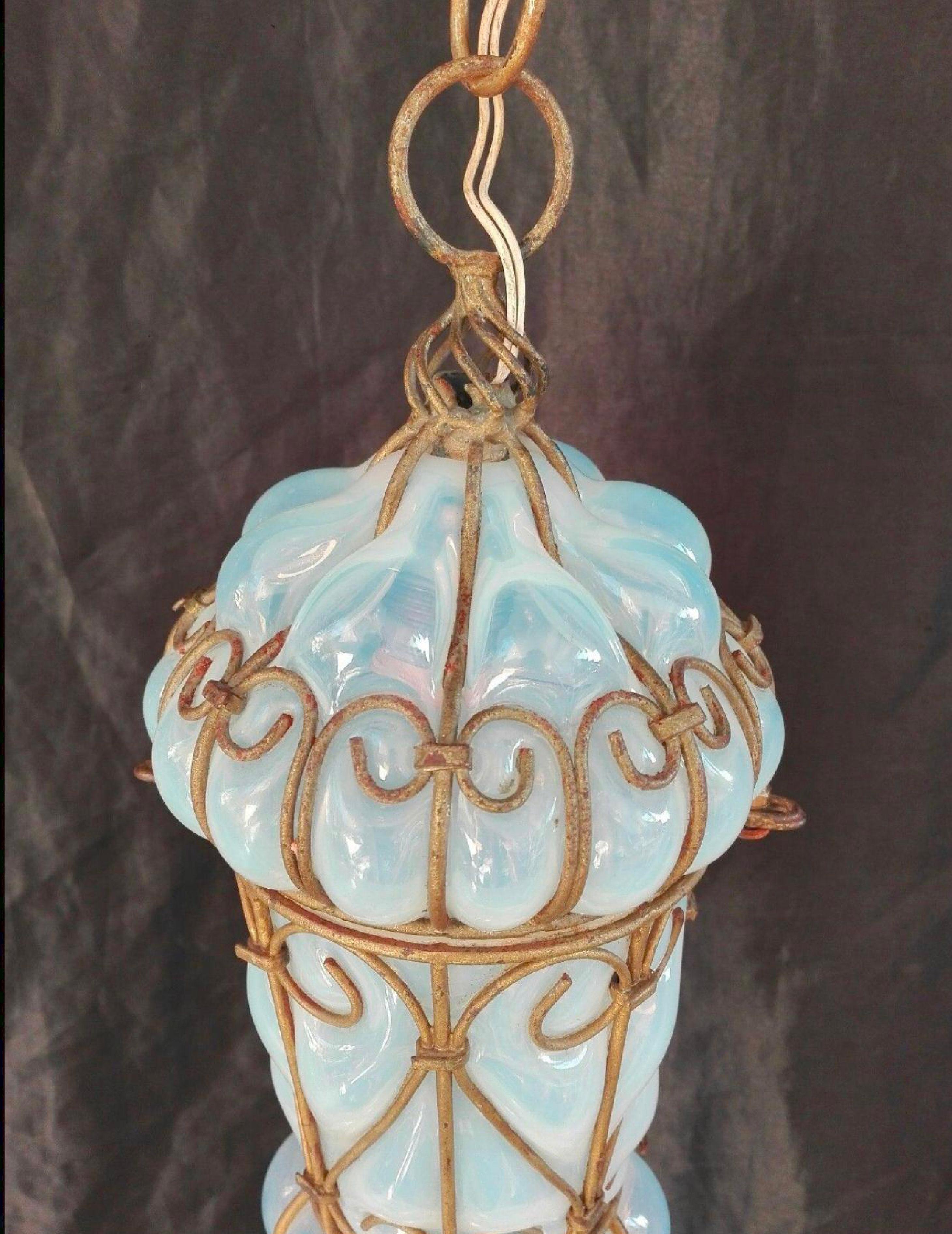 Mid-Century Modern Midcentury Murano Seguso Opaline Art Glass Caged Pendant Light, Brass, 1950s