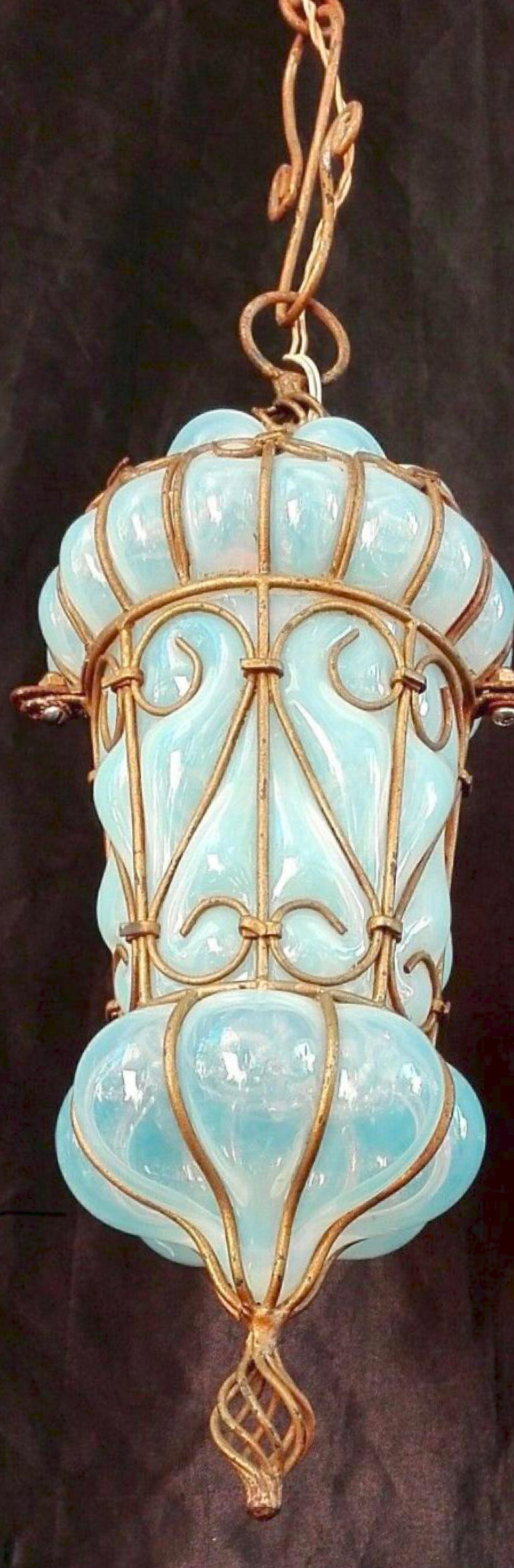 Italian Midcentury Murano Seguso Opaline Art Glass Caged Pendant Light, Brass, 1950s
