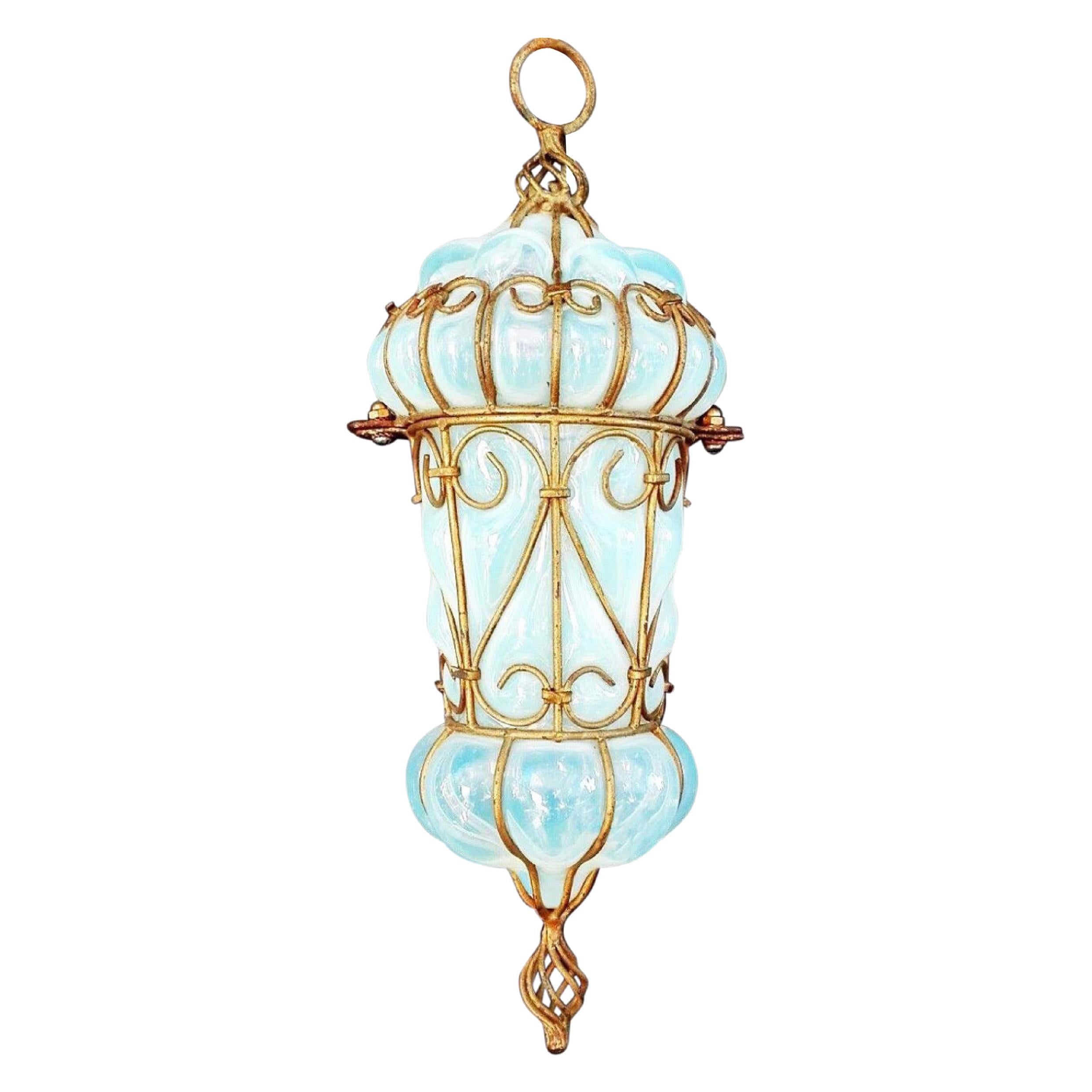 Midcentury Murano Seguso Opaline Art Glass Caged Pendant Light, Brass, 1950s