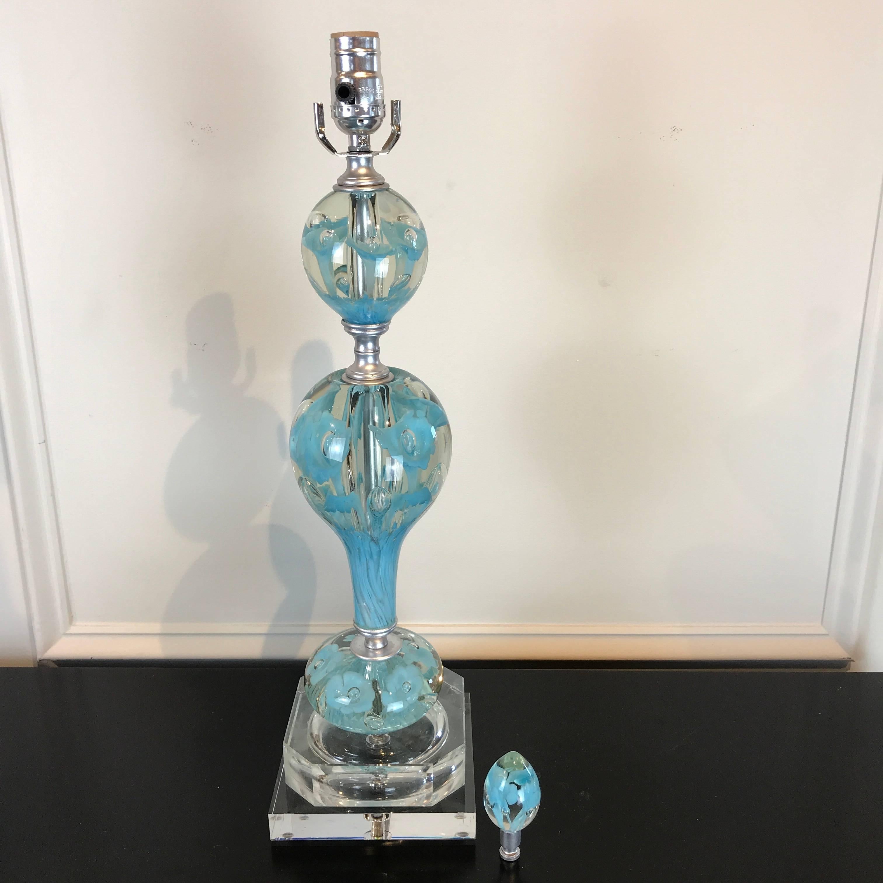 Midcentury Murano Style Glass and Brass Lamps in Turquoise For Sale 4