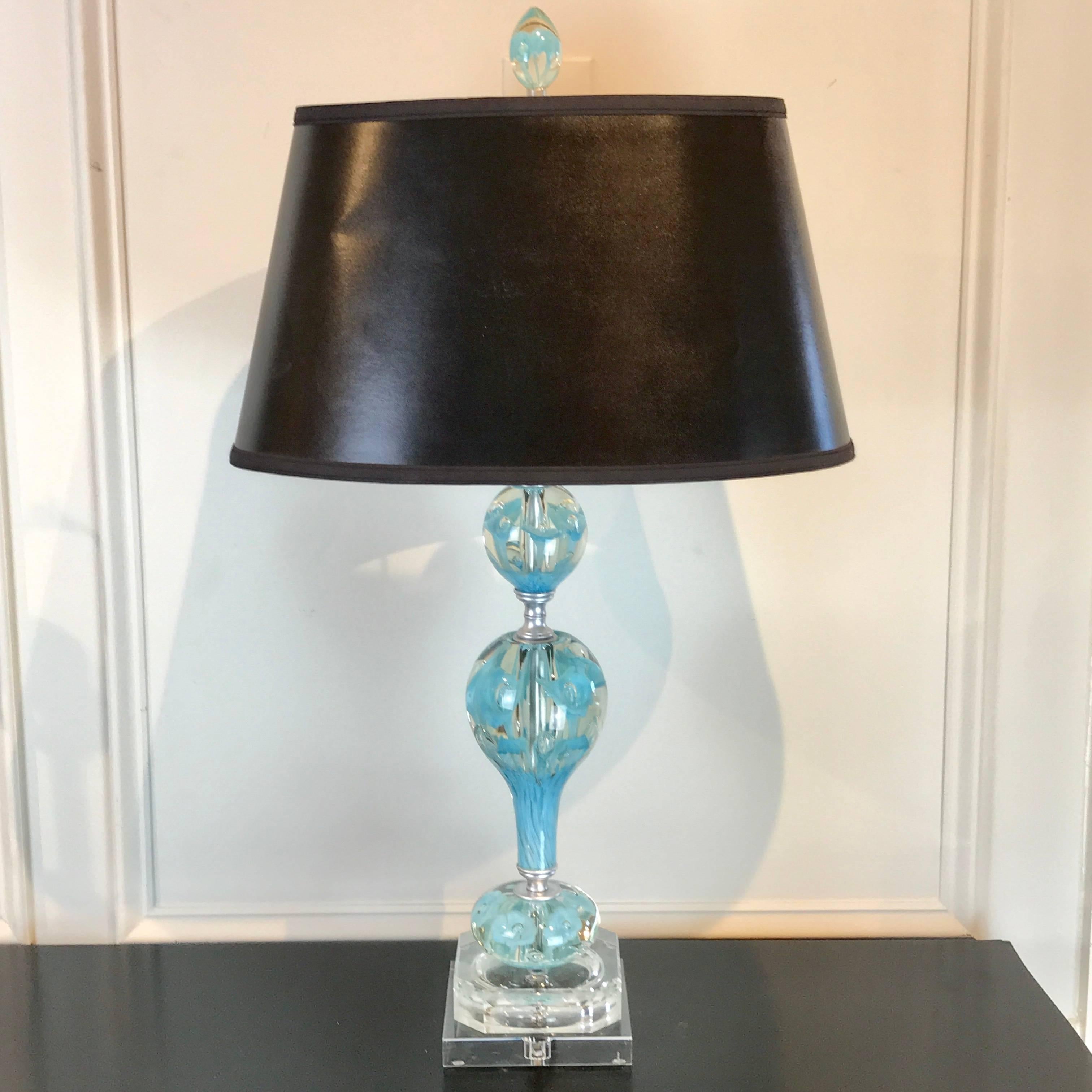 Midcentury Murano Style Glass and Brass Lamps in Turquoise For Sale 6