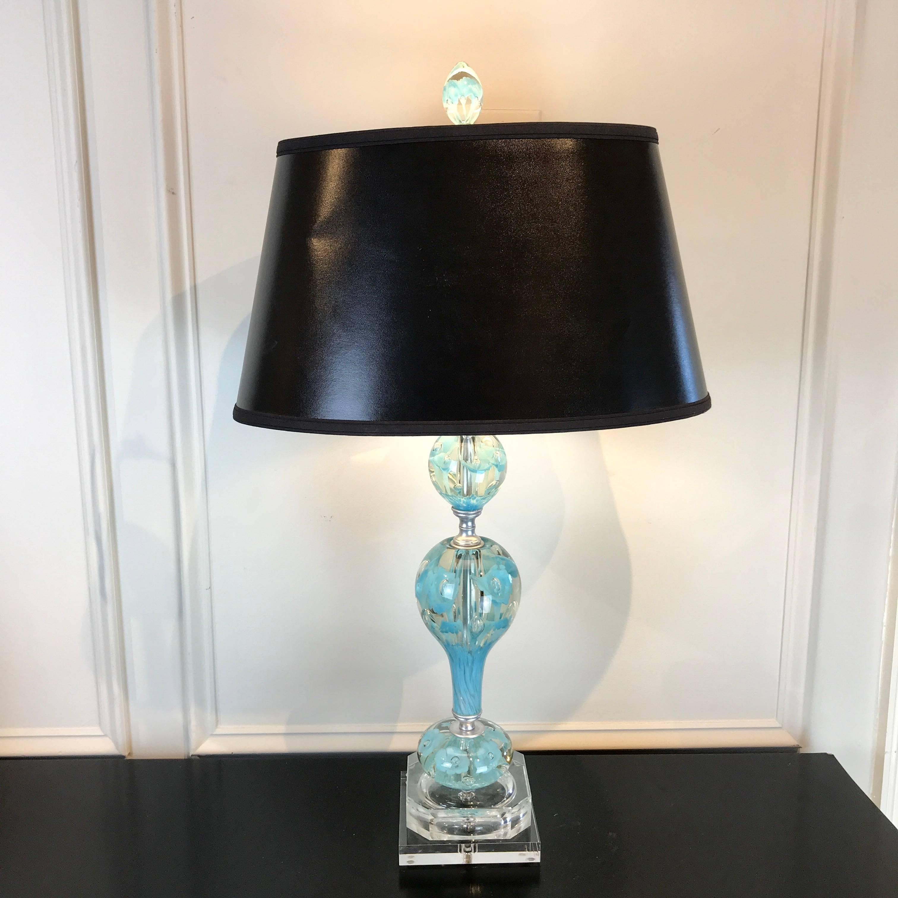 Midcentury Murano style glass and brass lamps, in turquoise. Exquisite color, complete with matching 3