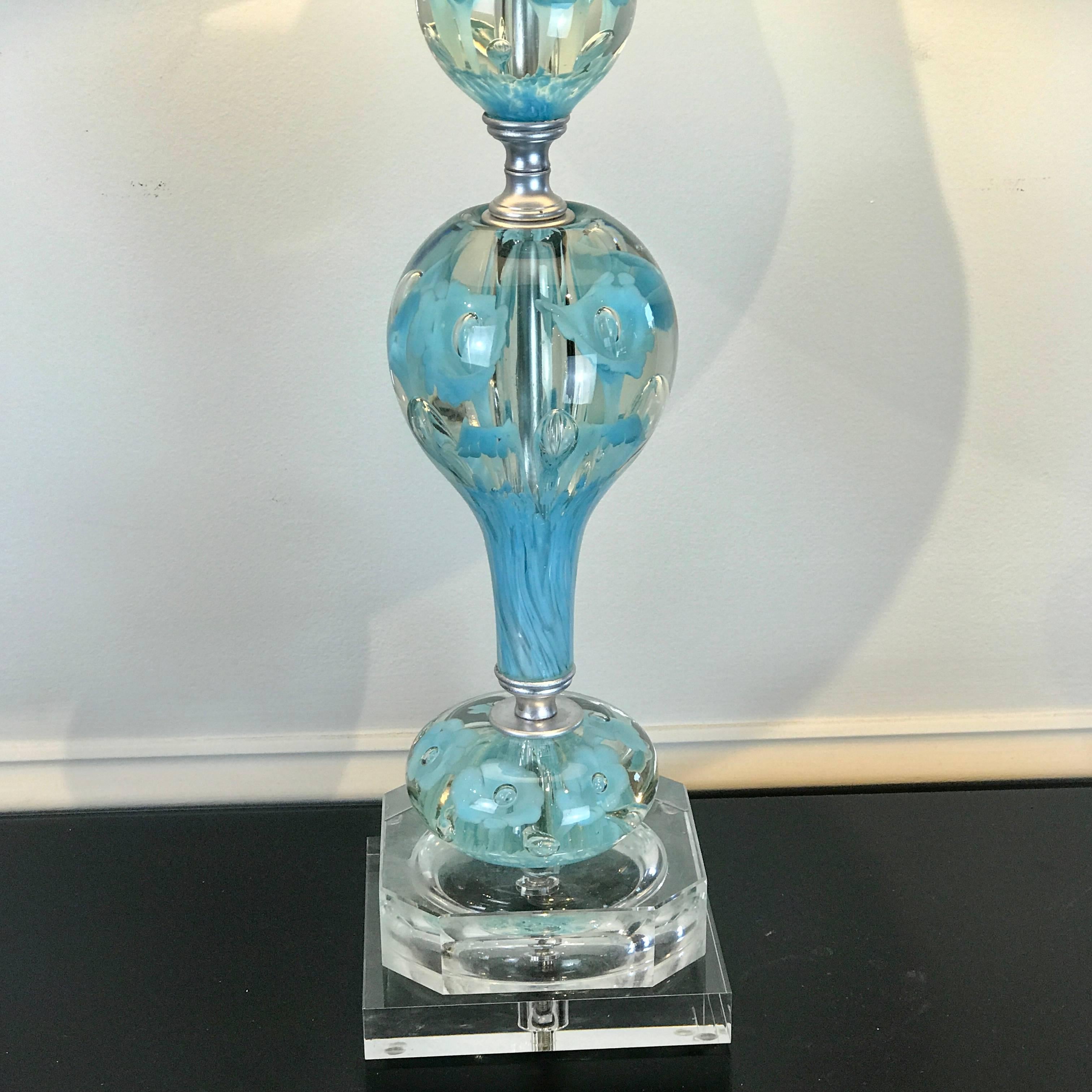 Midcentury Murano Style Glass and Brass Lamps in Turquoise In Excellent Condition For Sale In Atlanta, GA