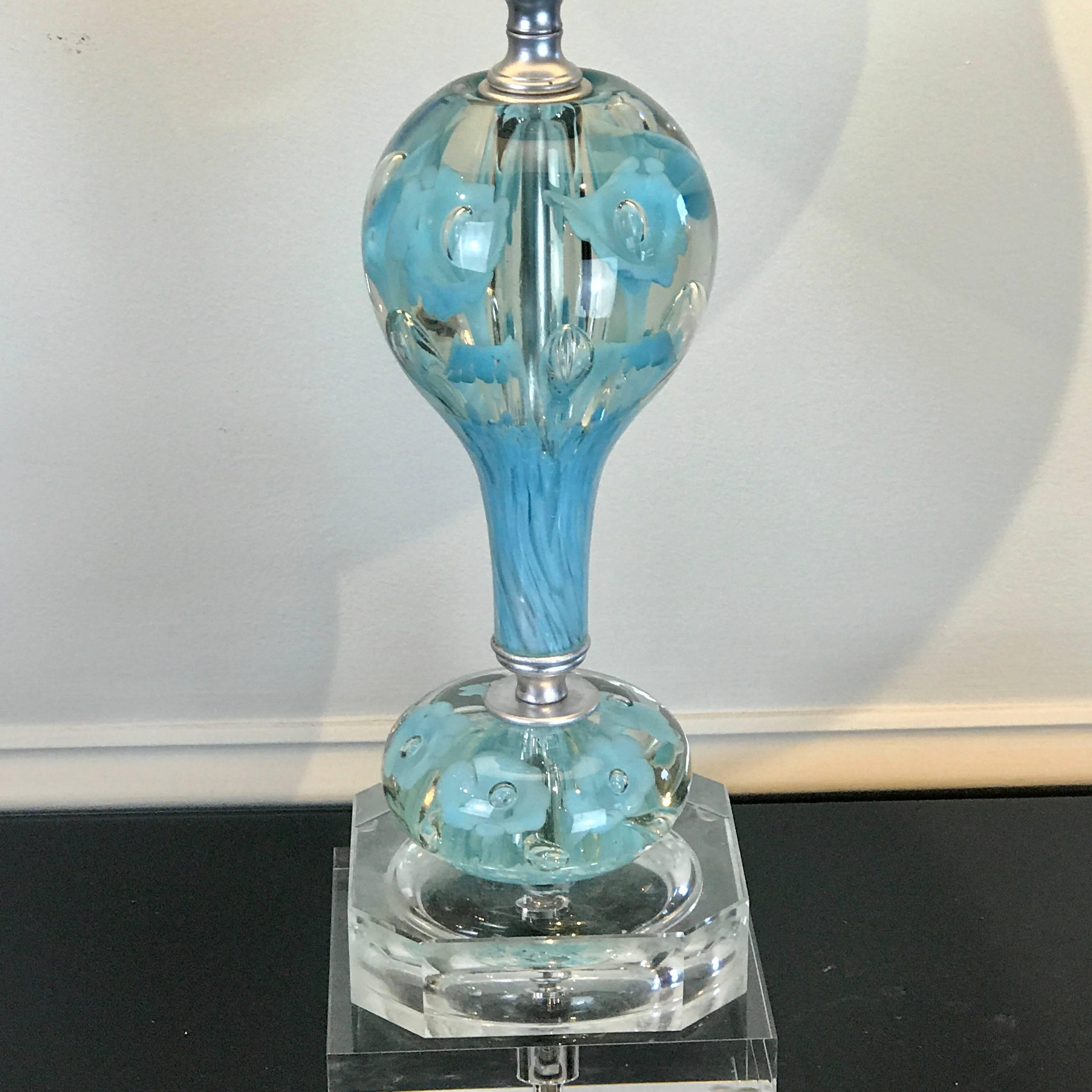 Mid-20th Century Midcentury Murano Style Glass and Brass Lamps in Turquoise For Sale