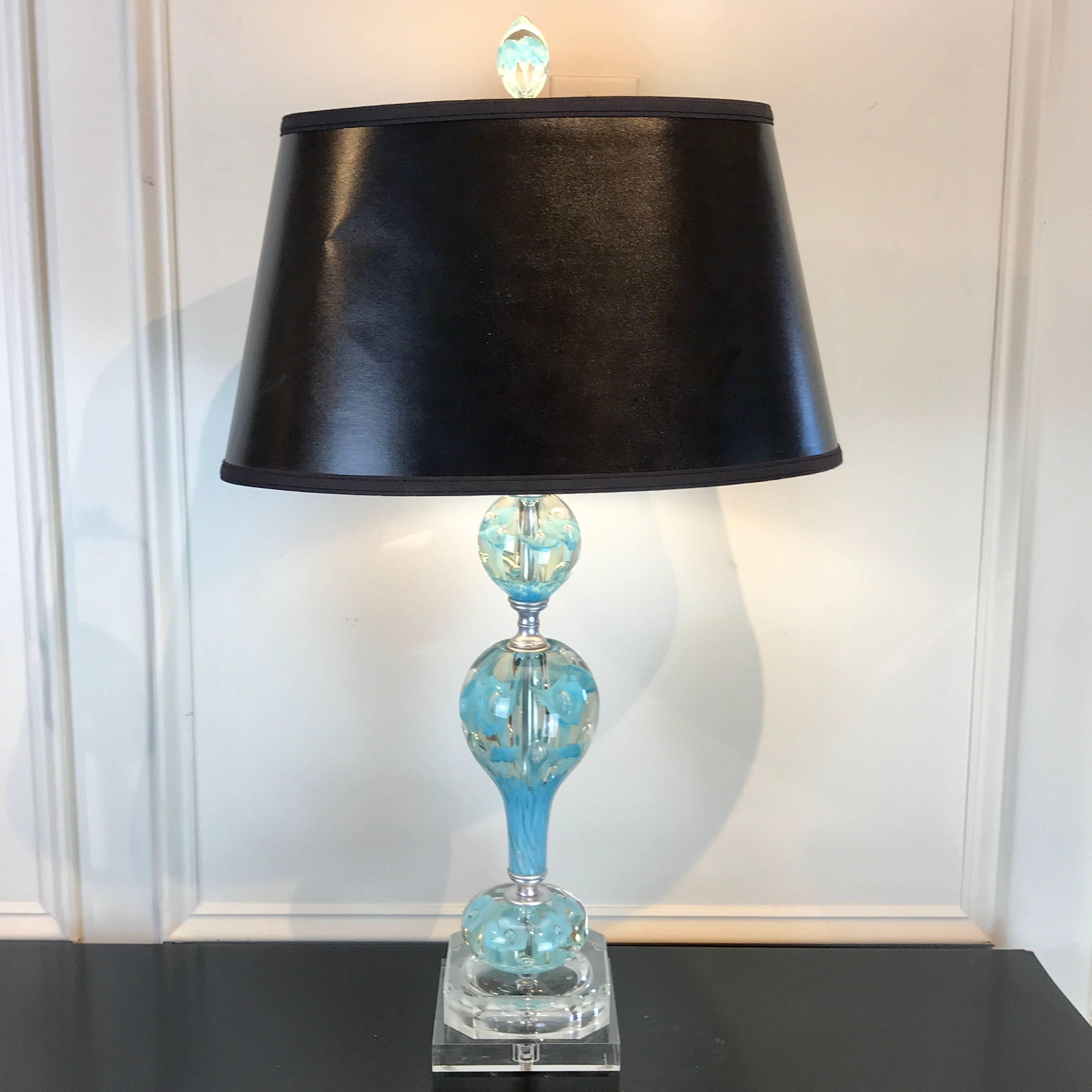 Art Glass Midcentury Murano Style Glass and Brass Lamps in Turquoise For Sale