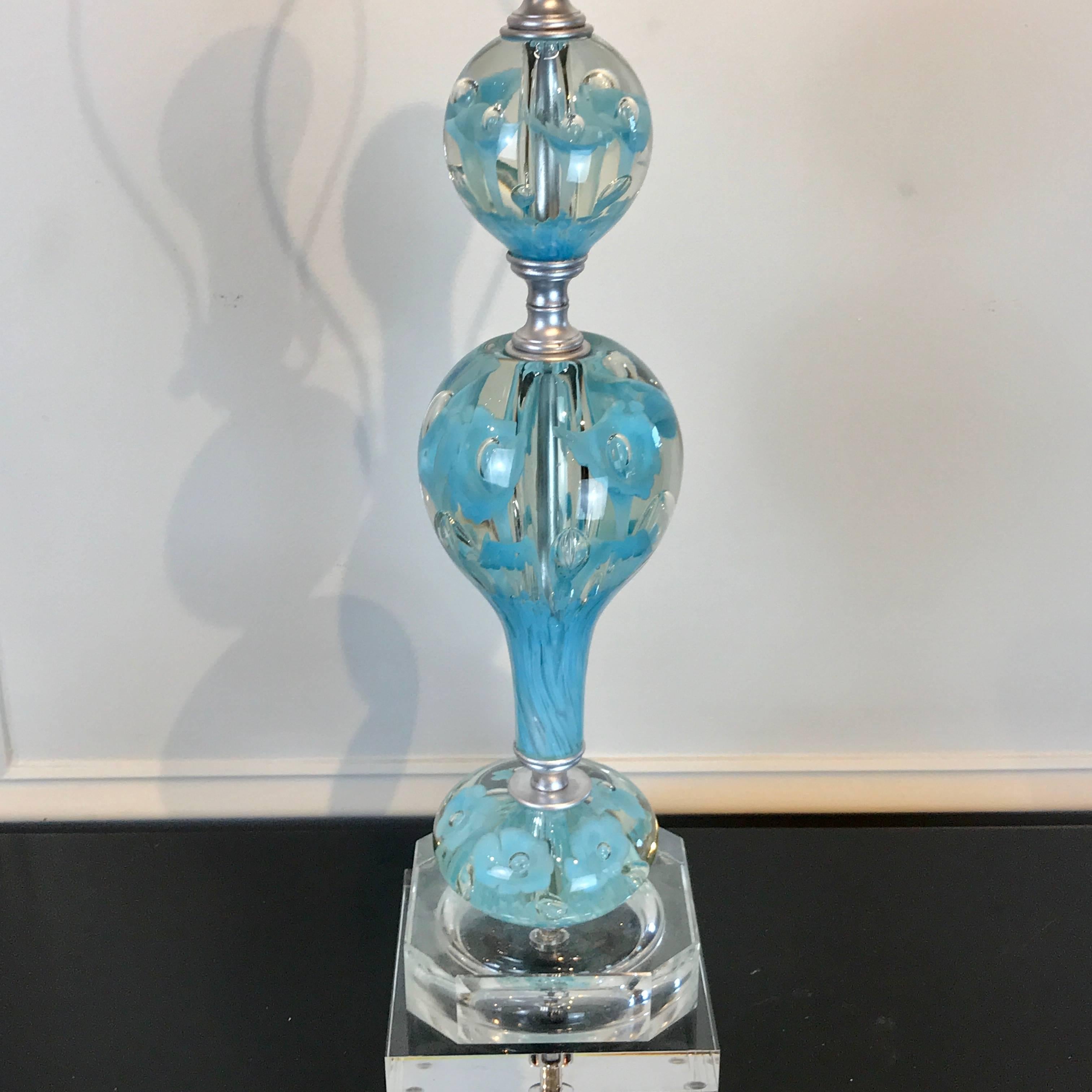 Midcentury Murano Style Glass and Brass Lamps in Turquoise For Sale 1