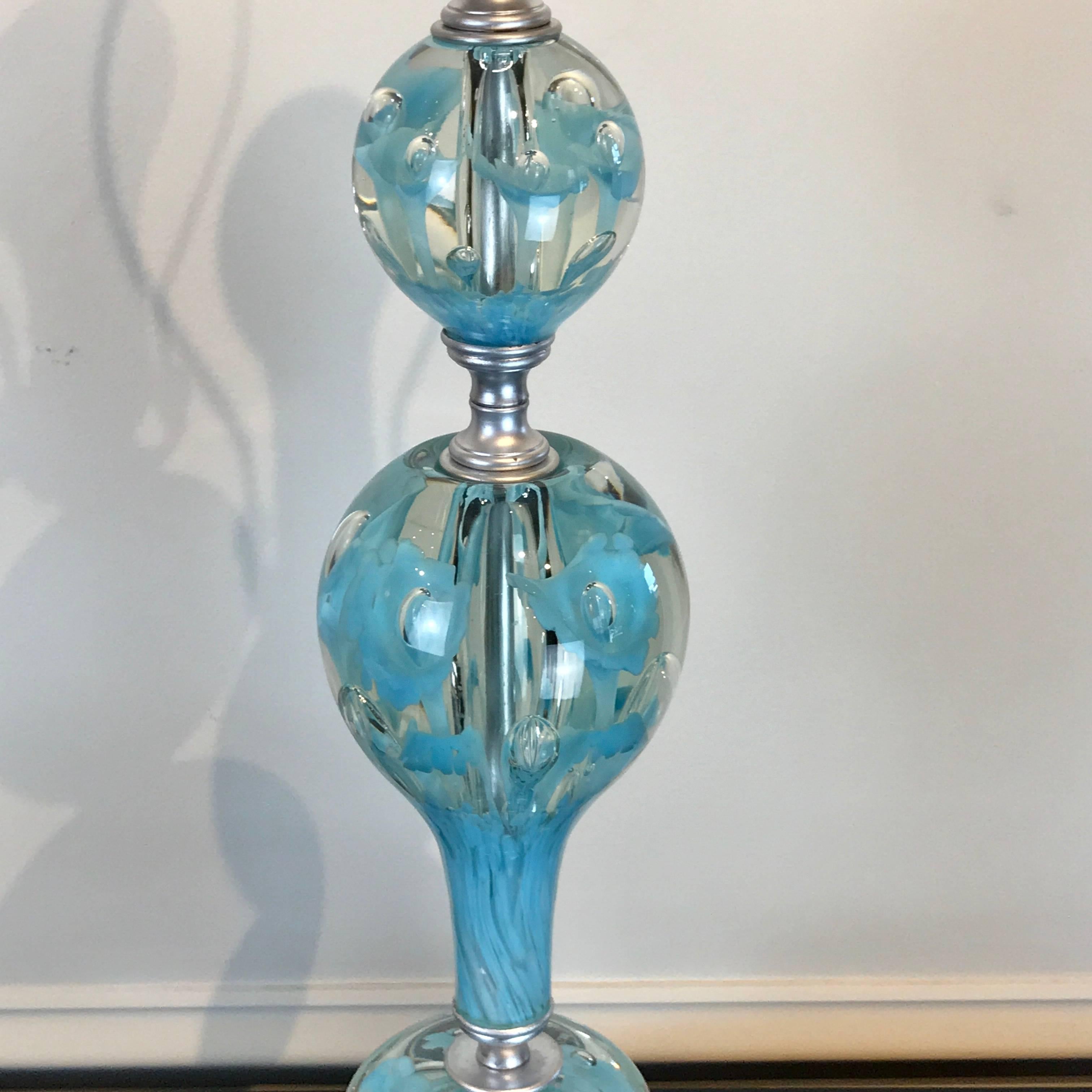 Midcentury Murano Style Glass and Brass Lamps in Turquoise For Sale 2