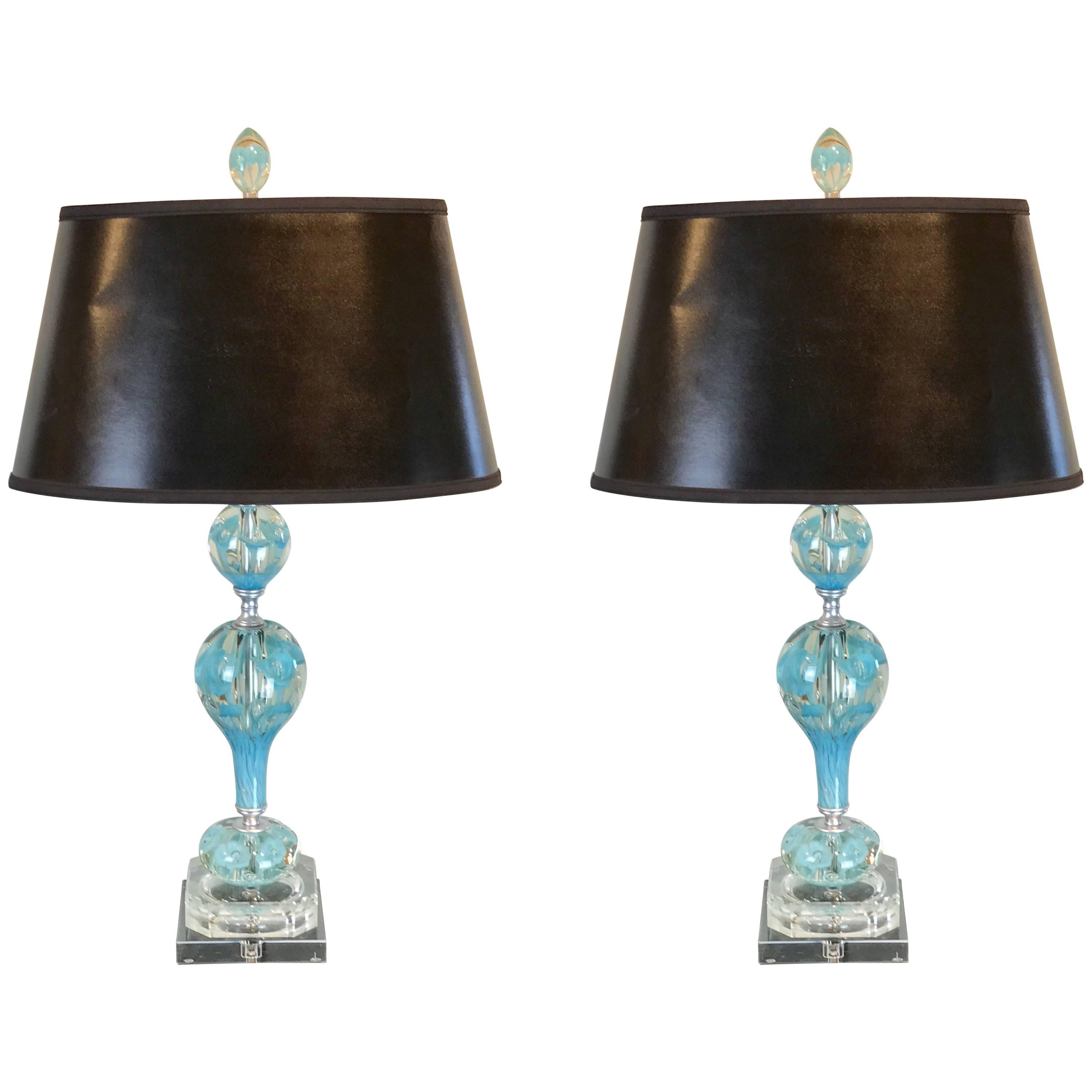 Midcentury Murano Style Glass and Brass Lamps in Turquoise For Sale