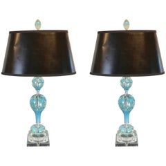 Midcentury Murano Style Glass and Brass Lamps in Turquoise