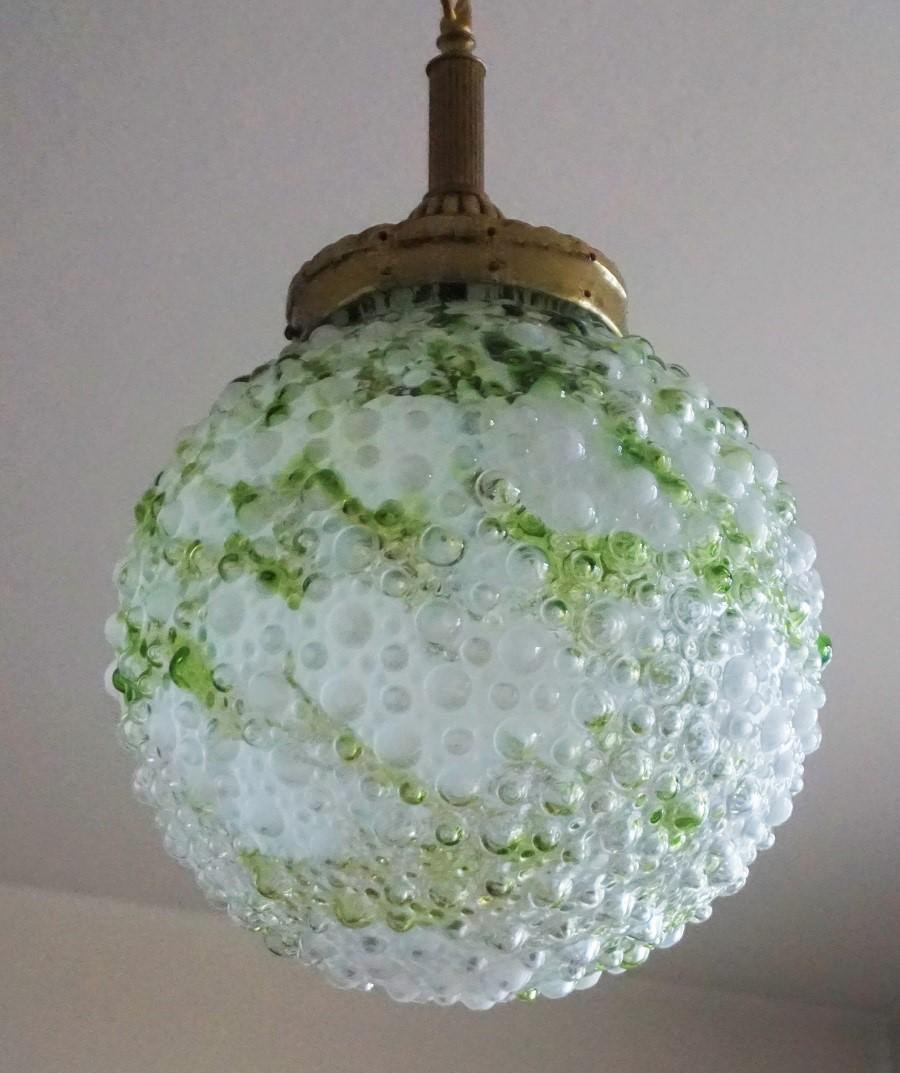 Italian Midcentury Murano White and Green Glass Ball Pendant, Italy, 1950-1959