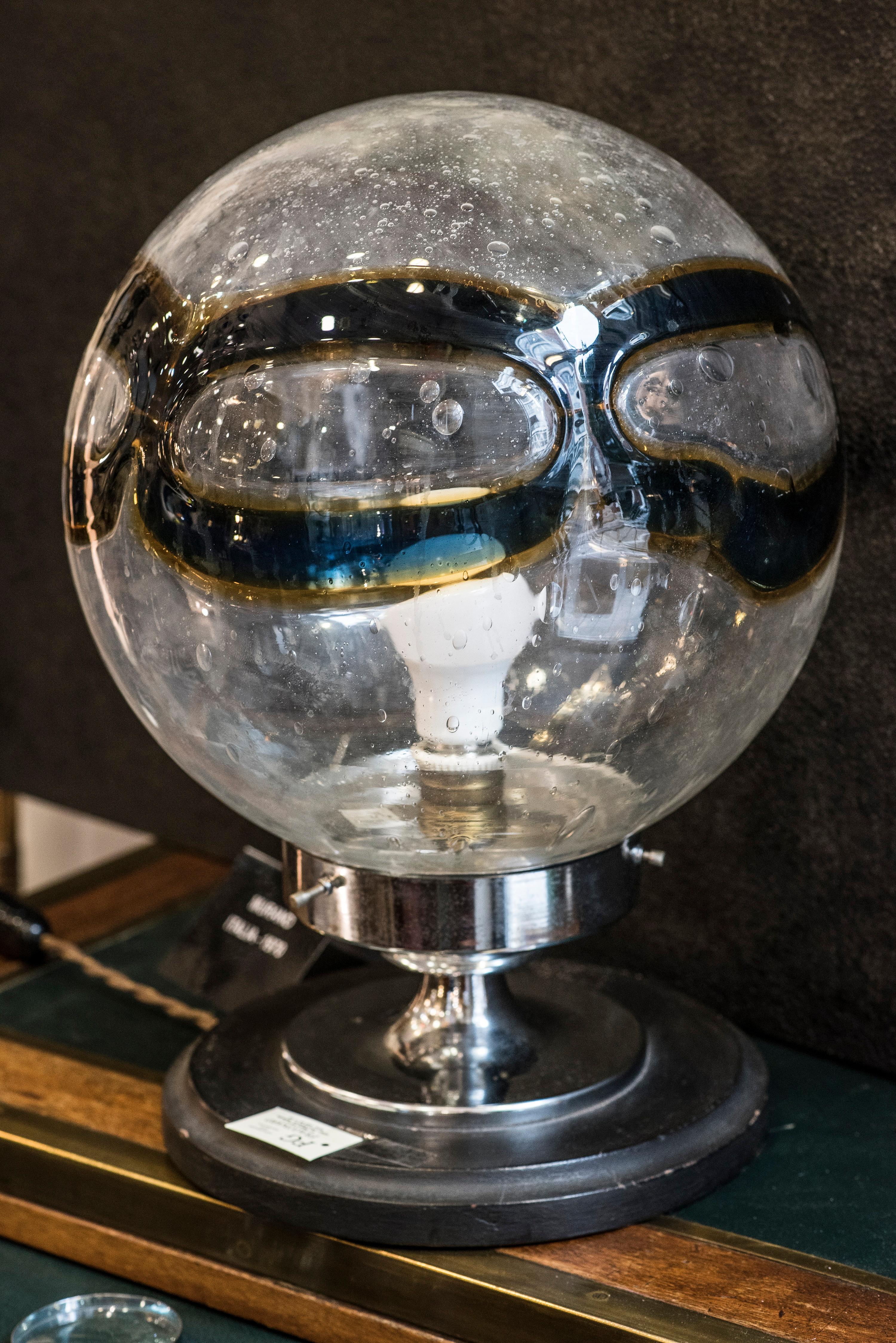 Midcentury Murano whiteblueyellow blown glass globe table lamp Italy 1970 5