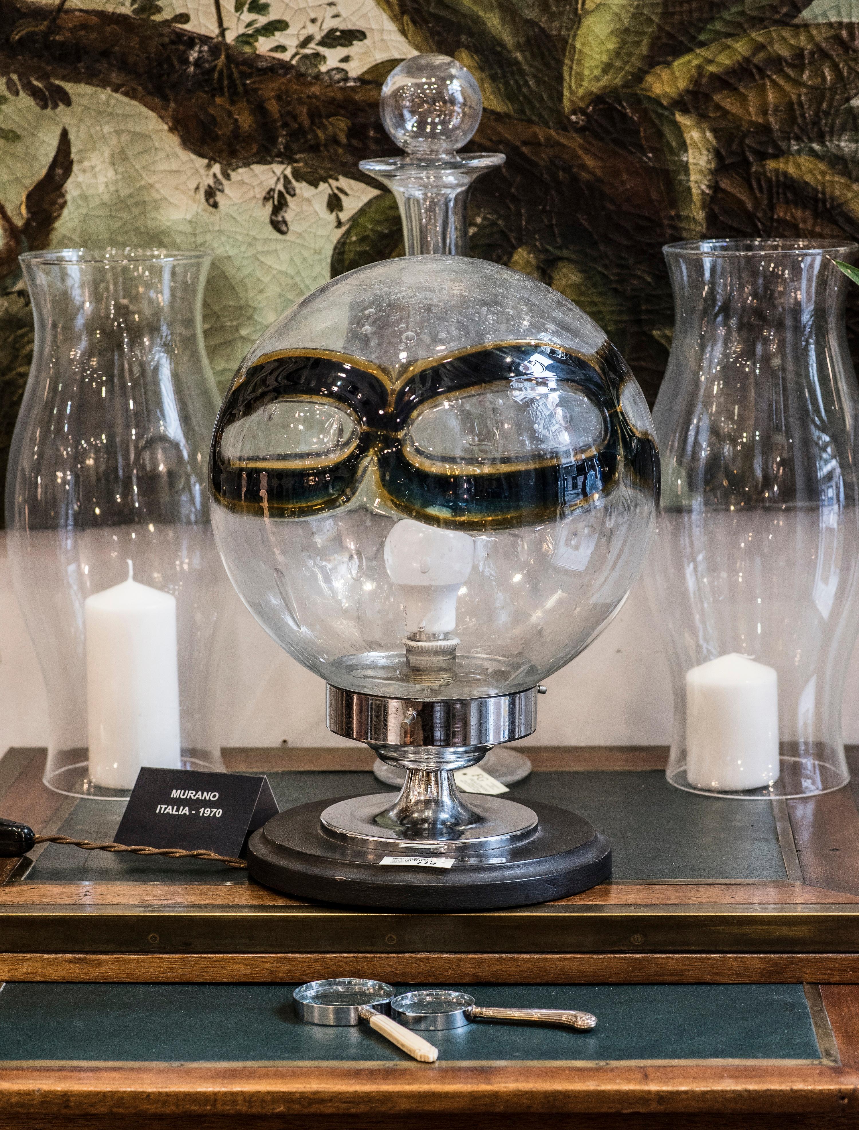 Midcentury Murano whiteblueyellow blown glass globe table lamp Italy 1970 6