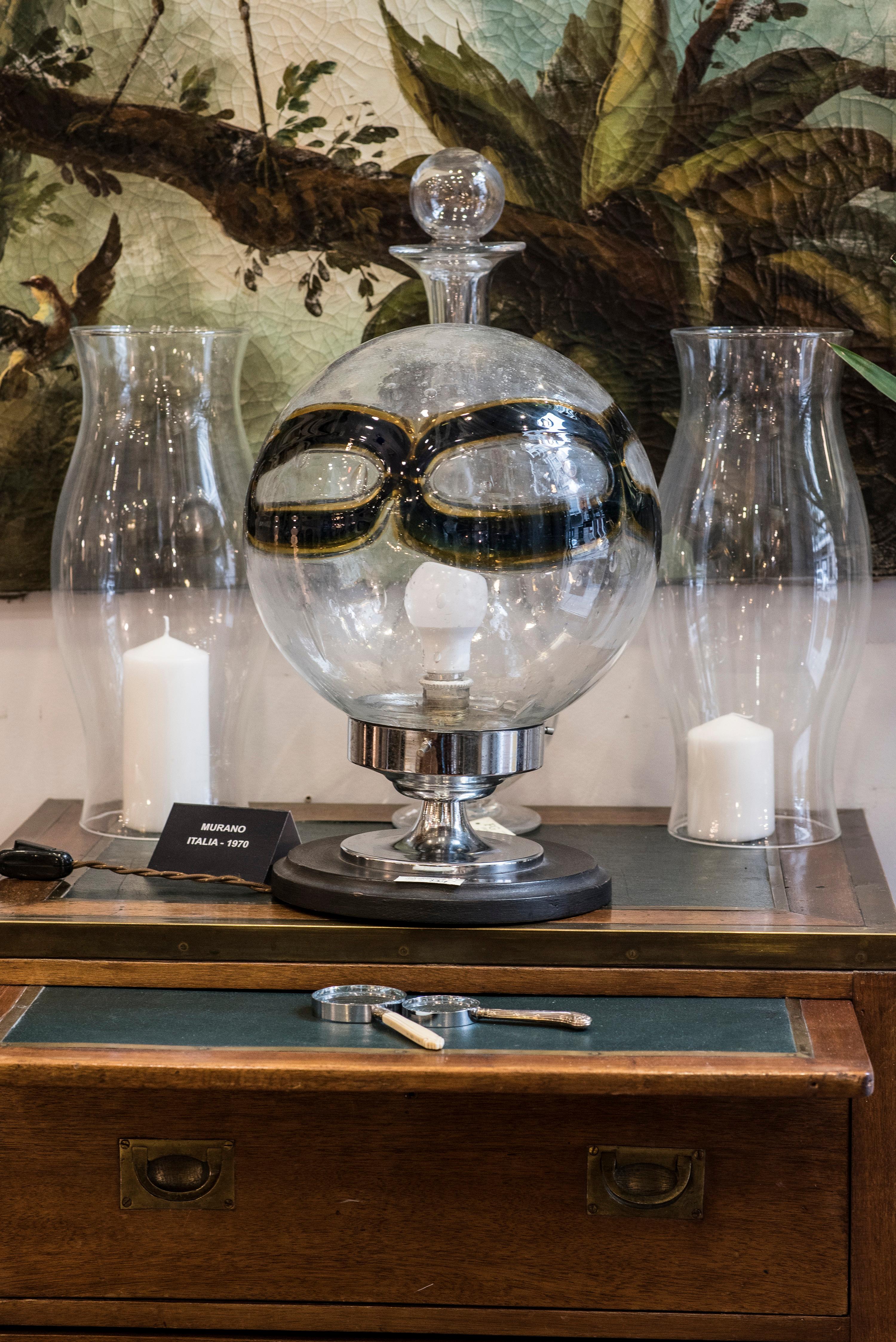 Midcentury Murano whiteblueyellow blown glass globe table lamp Italy 1970 7