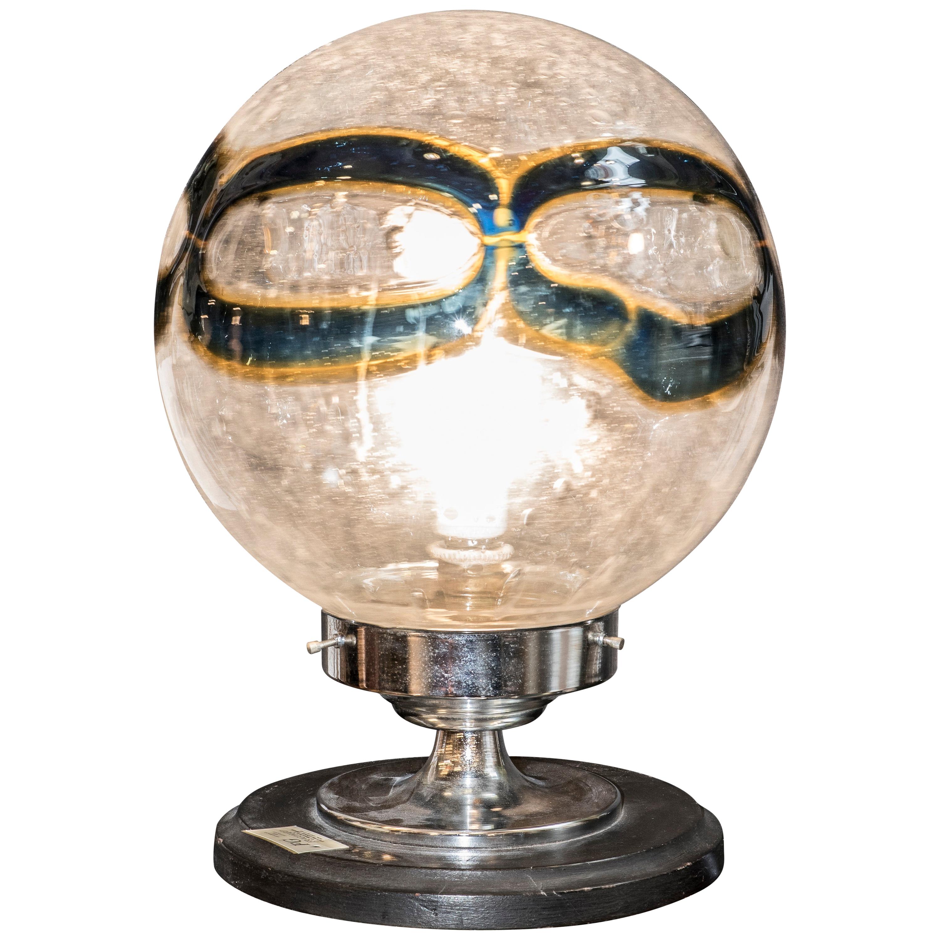 Midcentury Murano whiteblueyellow blown glass globe table lamp Italy 1970