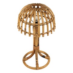 Midcentury Mushroom Bamboo & Rattan Table Lamp Louis Sognot Style, France, 1960s