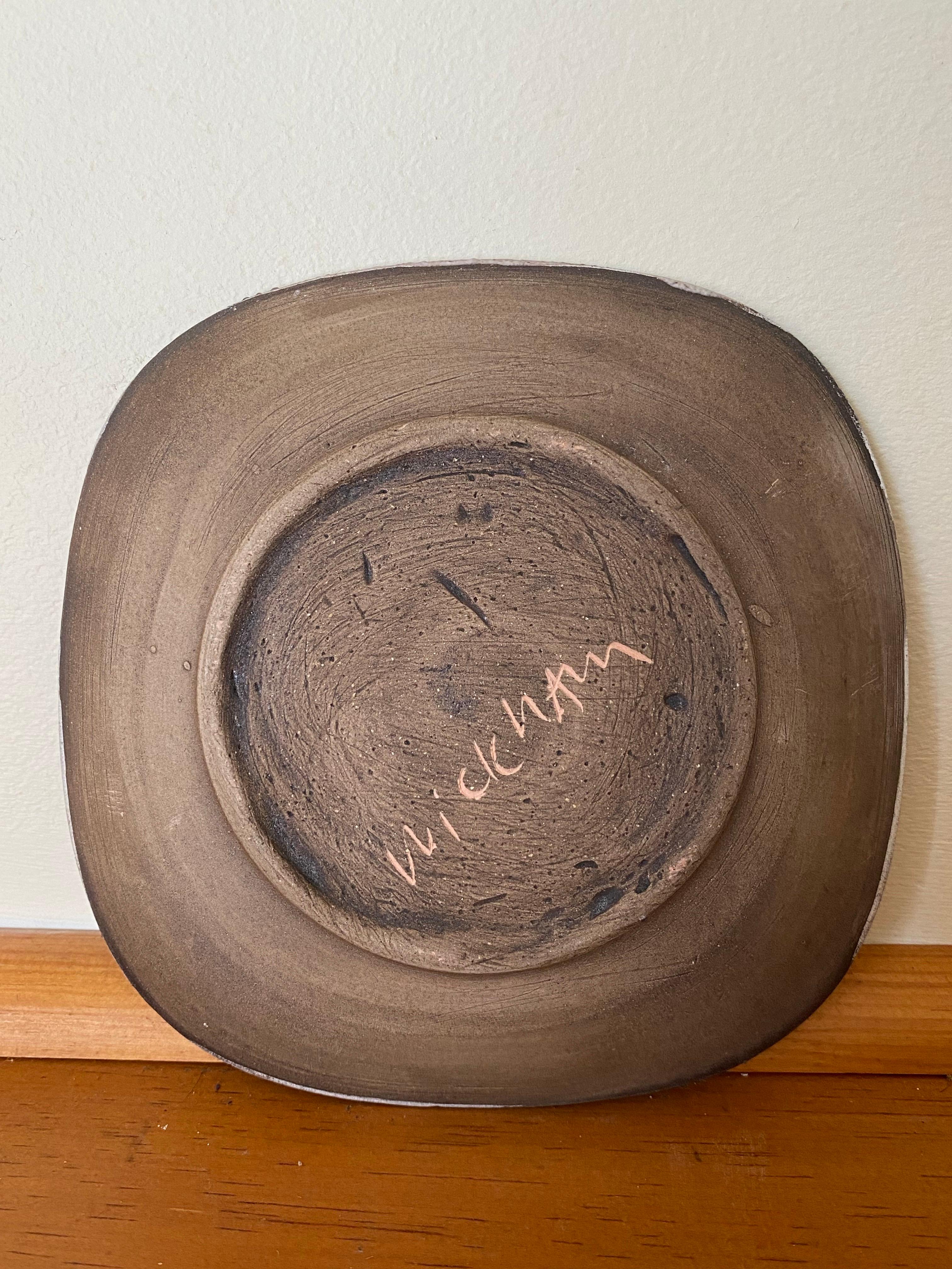 Hand-Carved Midcentury Nancy Wickham Boyd Stoneware Plate with Branch Design For Sale