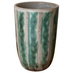Midcentury Nancy Wickham stoneware vase with Double Helix Sgrafitto Decoration