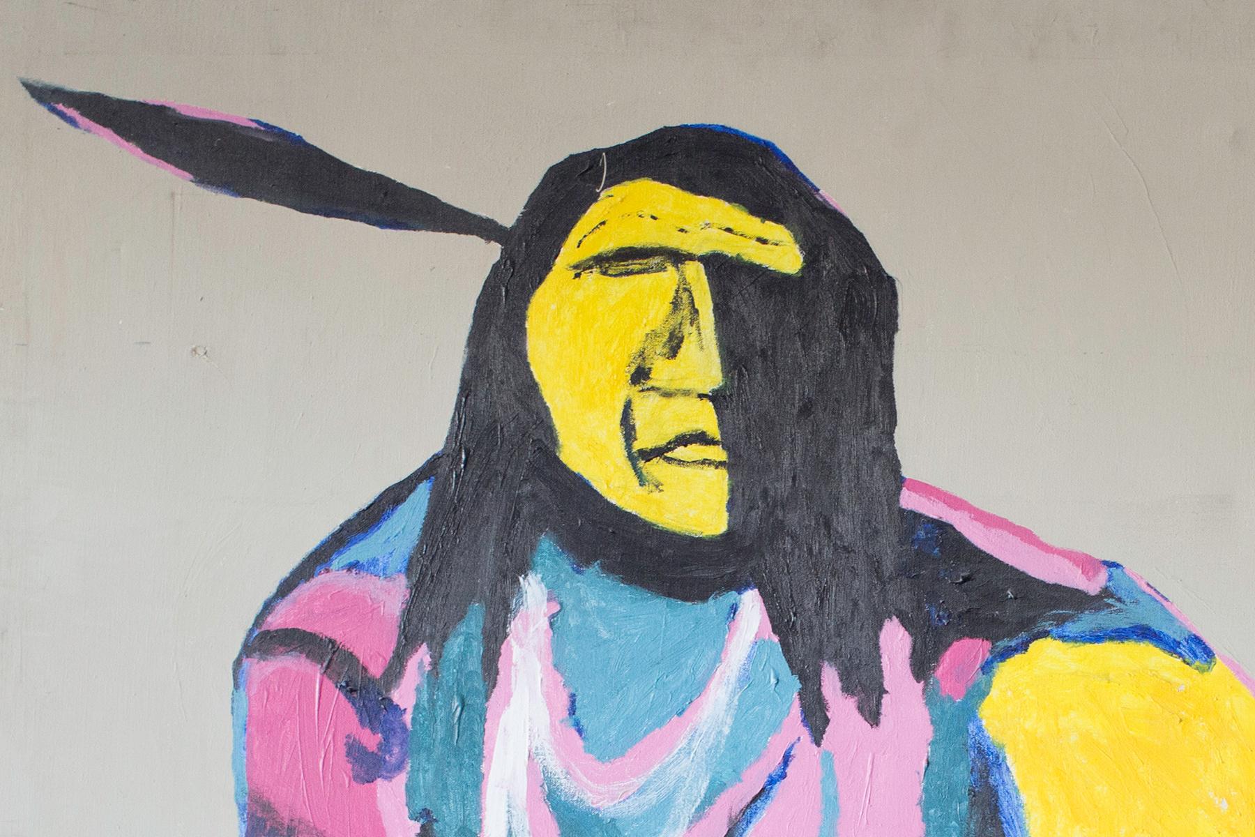 Midcentury native American painting, circa late 1960s. This signed example seamlessly melds pop with stoicism much like the works of Fritz Scholder.