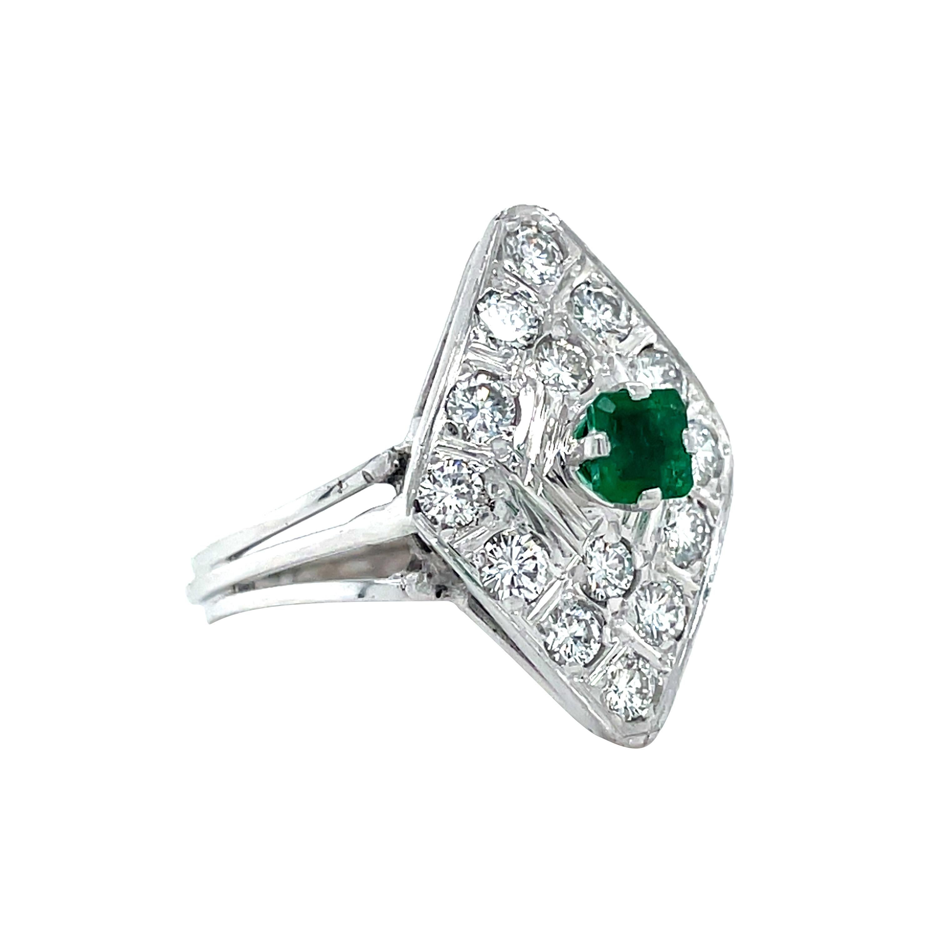 Emerald Cut MidCentury Natural Emerald and 1.32 ctw Diamond Cocktail Ring, 18K White Gold For Sale