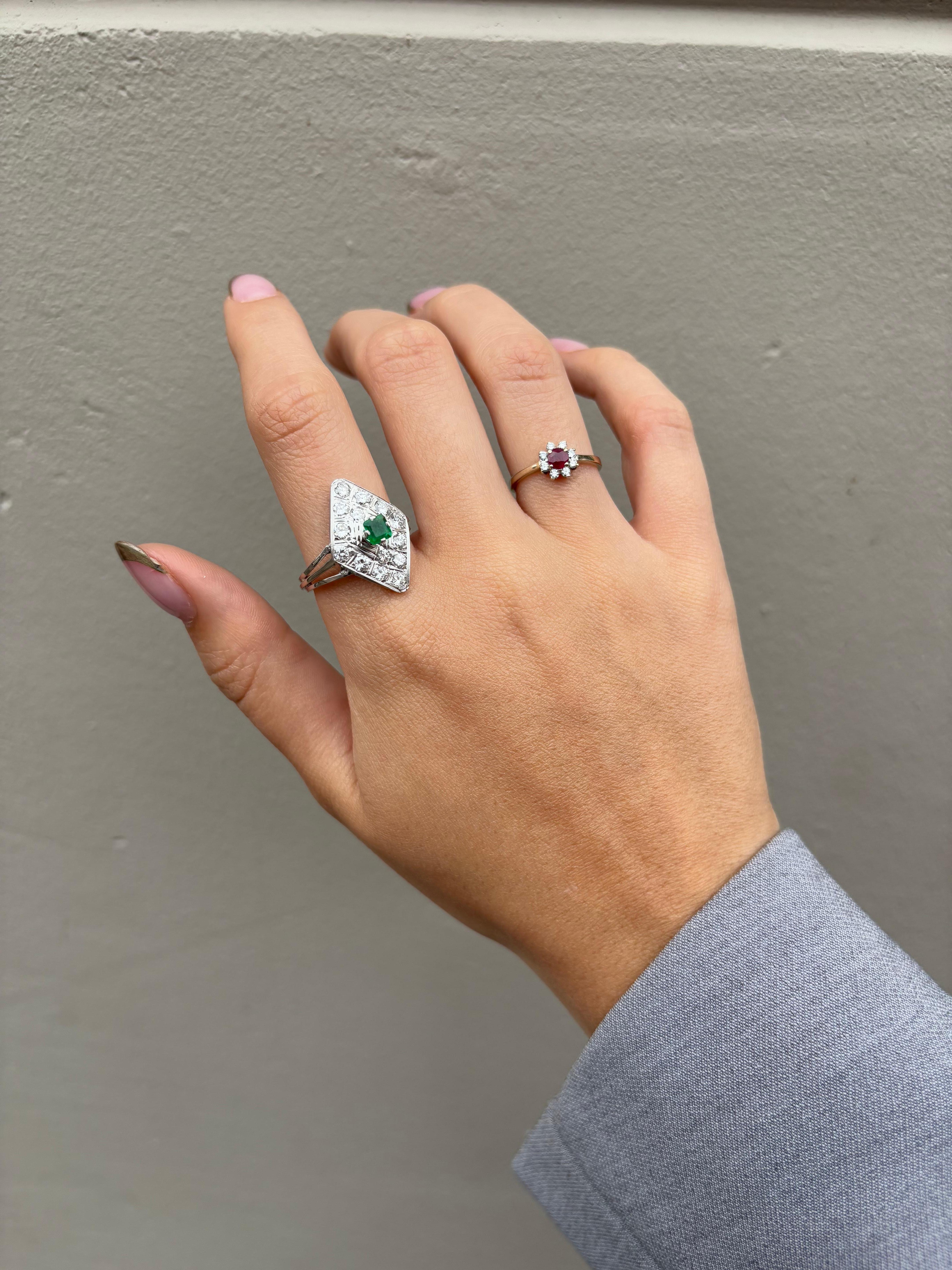 MidCentury Natural Emerald and 1.32 ctw Diamond Cocktail Ring, 18K White Gold For Sale 1