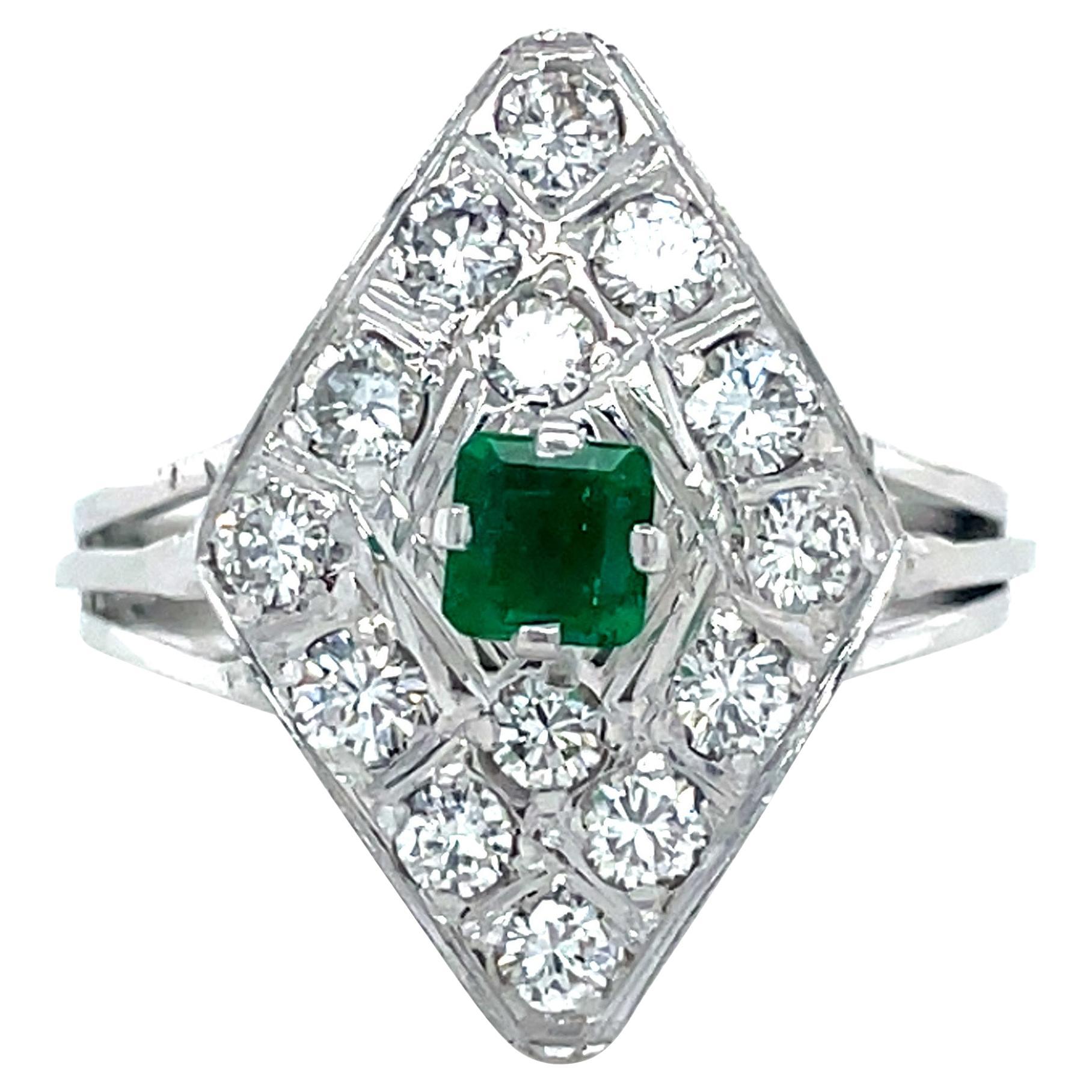 MidCentury Natural Emerald and 1.32 ctw Diamond Cocktail Ring, 18K White Gold For Sale