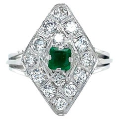 MidCentury Natural Emerald and 1.32 ctw Diamond Cocktail Ring, 18K White Gold