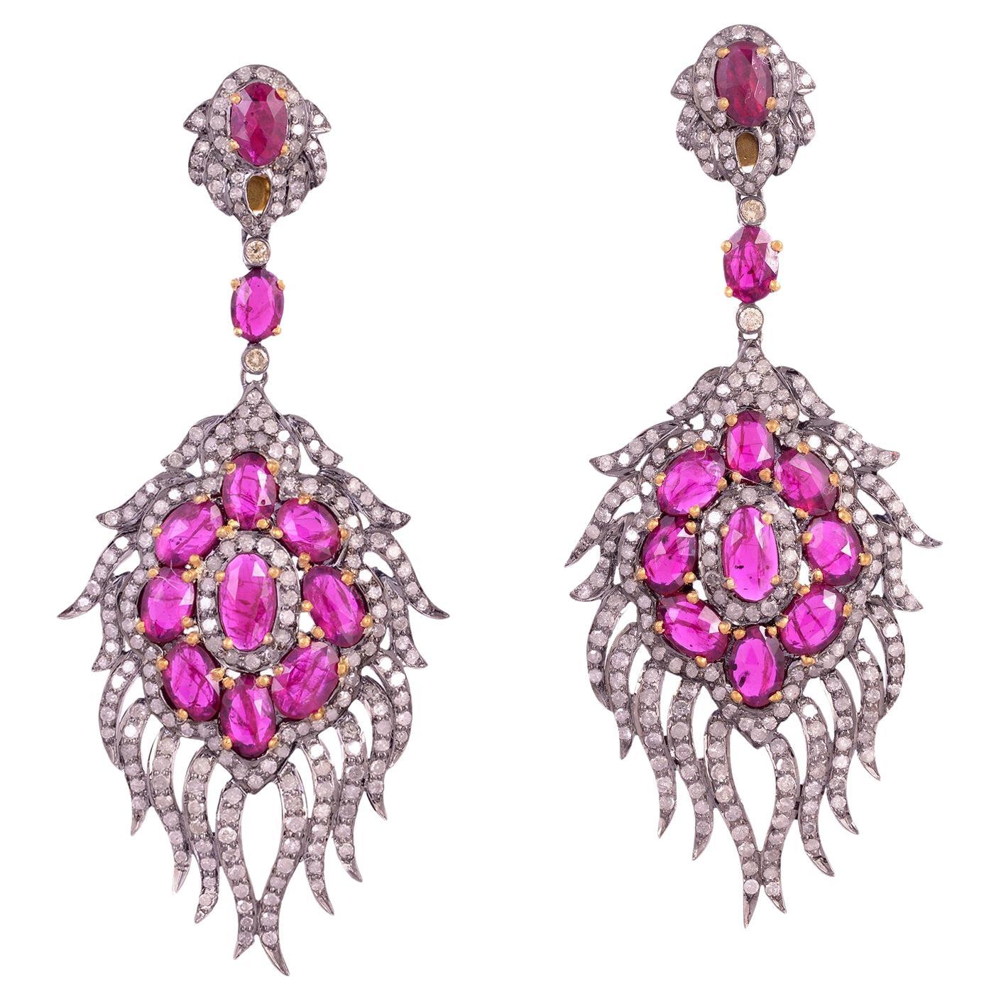 Midcentury Natural Ruby and Diamond Cluster Earrings