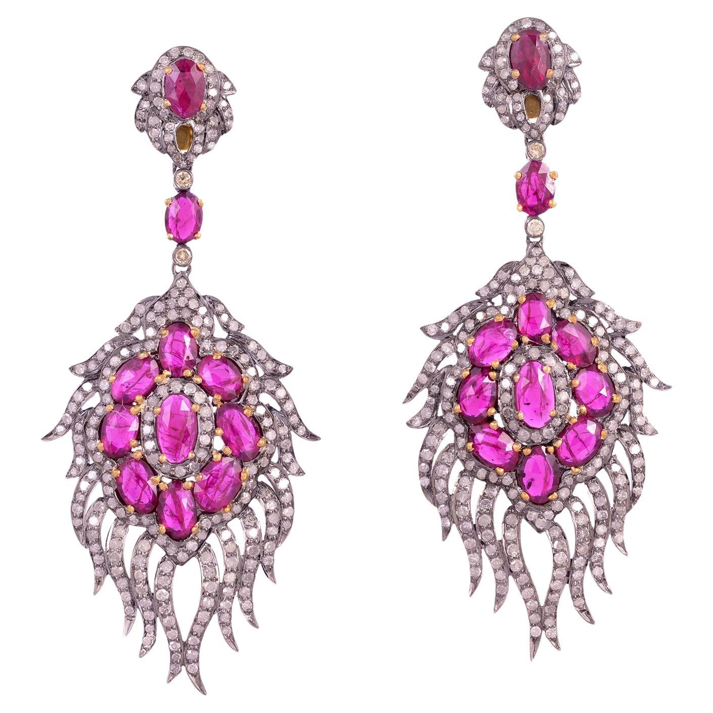 Midcentury Natural Ruby and Diamond Cluster Earrings