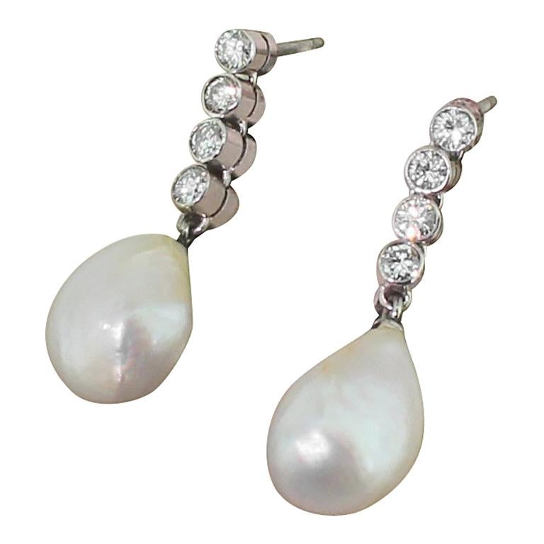 Midcentury Natural Saltwater Pearl and Diamond Pendant Earrings