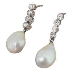 Midcentury Natural Saltwater Pearl and Diamond Pendant Earrings