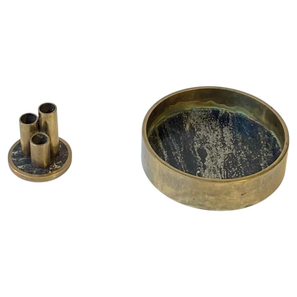 Midcentury Natural Stone & Brass Pen Holder & Ashtray by Saulo Norway, 1960s