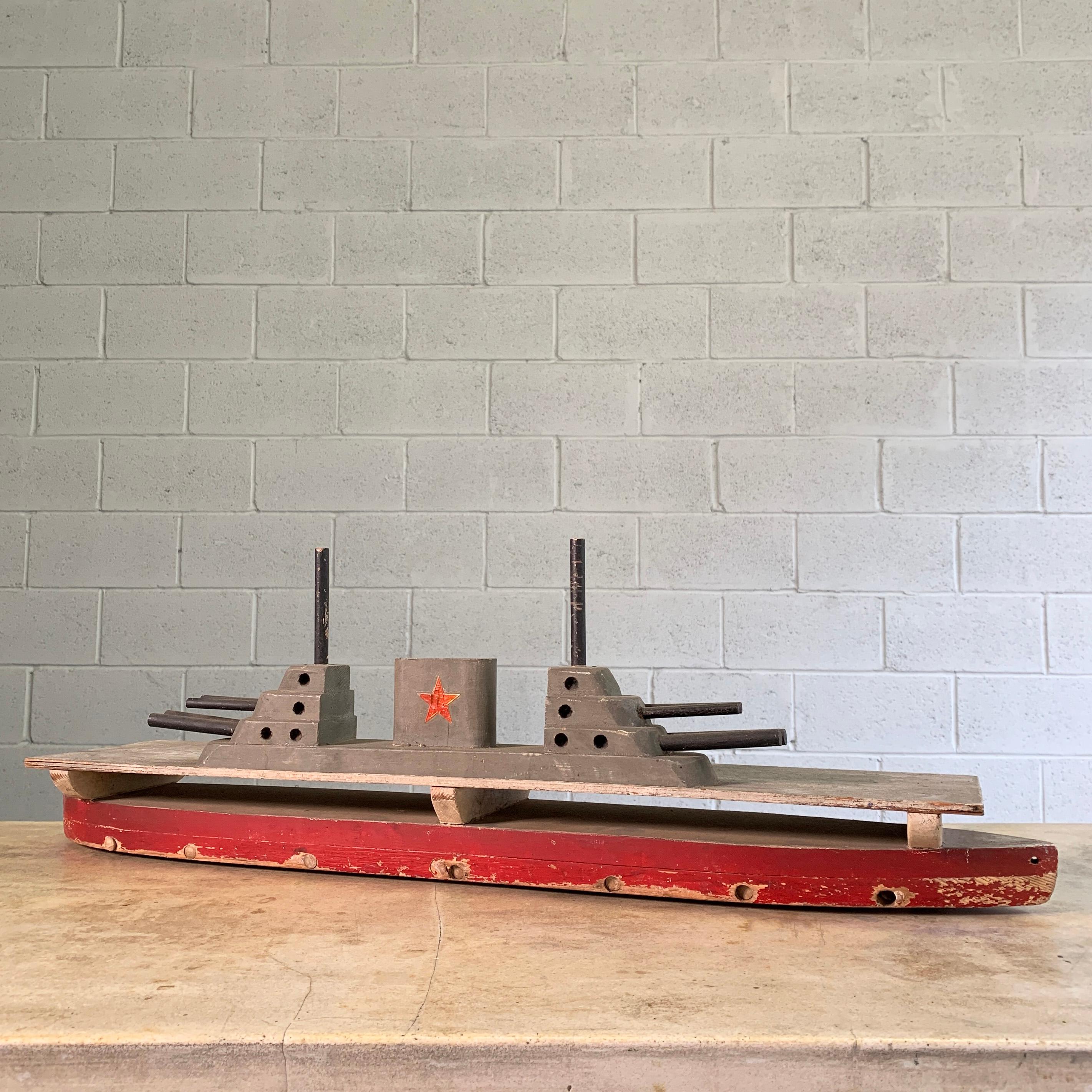 Midcentury, painted wood, aircraft carrier, nautical toy.
