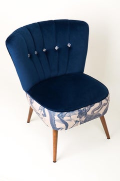 Midcentury Navy Blue Velvet Armchair, Animal Pattern, Germany, 1960s