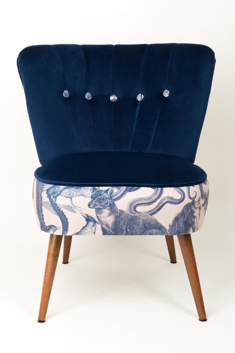 Midcentury Navy Blue Velvet Armchair, Animal Pattern, Germany, 1960s