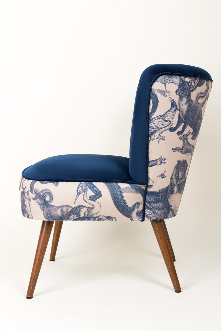 Midcentury Navy Blue Velvet Armchair, Animal Pattern, Germany, 1960s