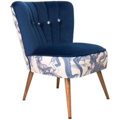 Midcentury Navy Blue Velvet Armchair, Animal Pattern, Germany, 1960s