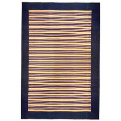 Mid-20th century Striped Navy Blue with Apricot Yellow Indian Dhurrie Rug