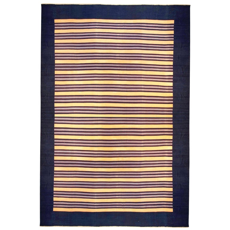 Mid20th Century Striped Indian Dhurrie Rug For Sale at 1stDibs