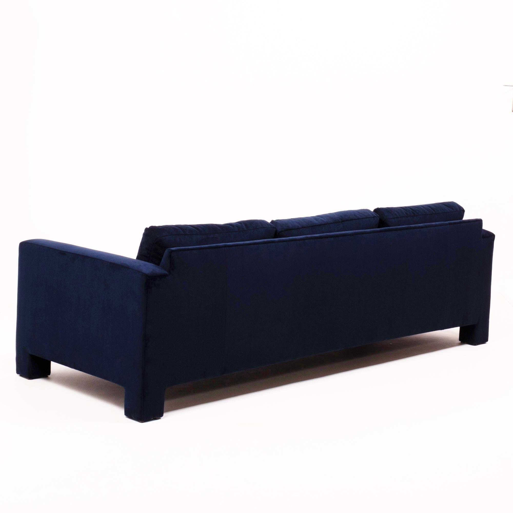 Mid-Century Modern Midcentury Navy Velvet Three-Seat Sofa by Milo Baughman