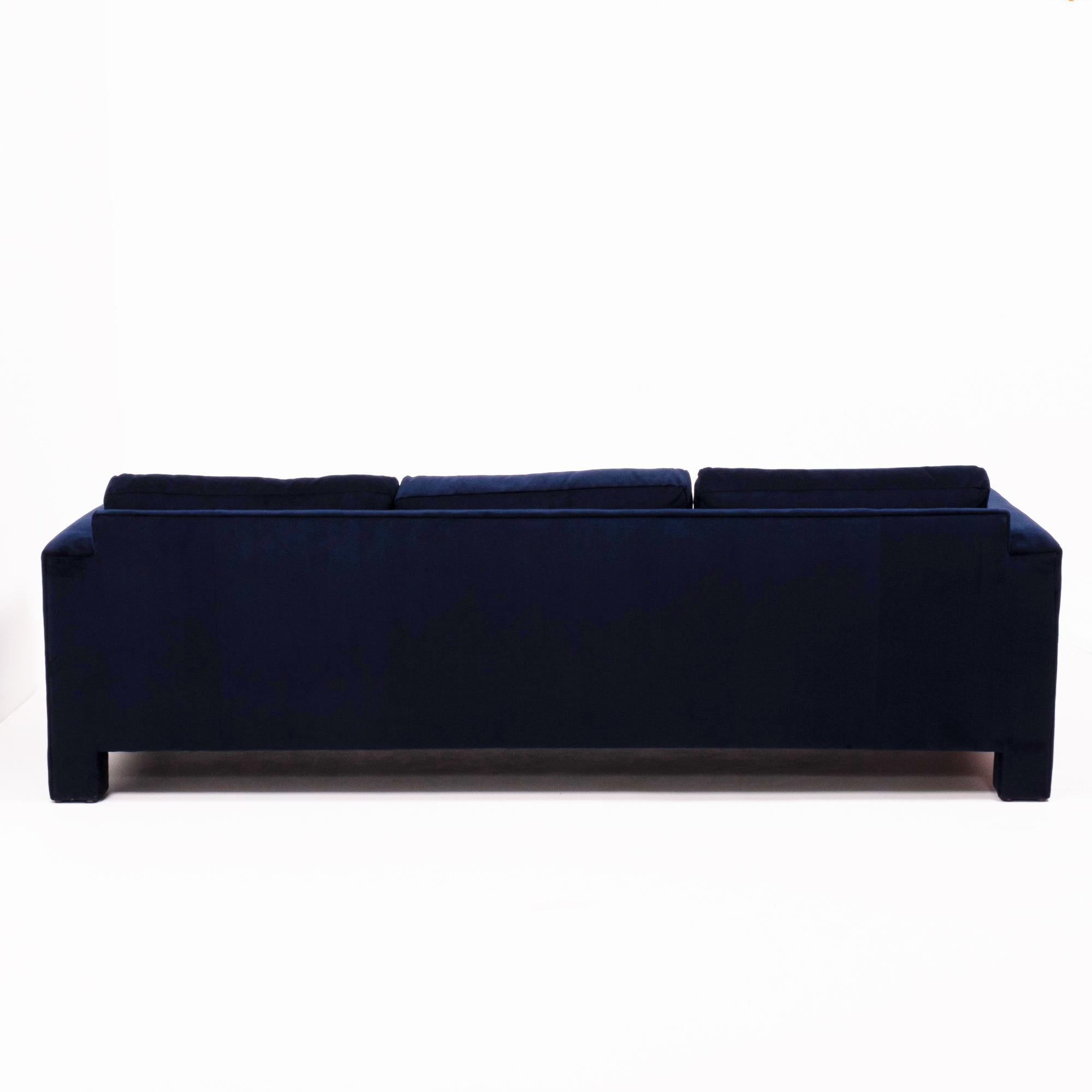 American Midcentury Navy Velvet Three-Seat Sofa by Milo Baughman