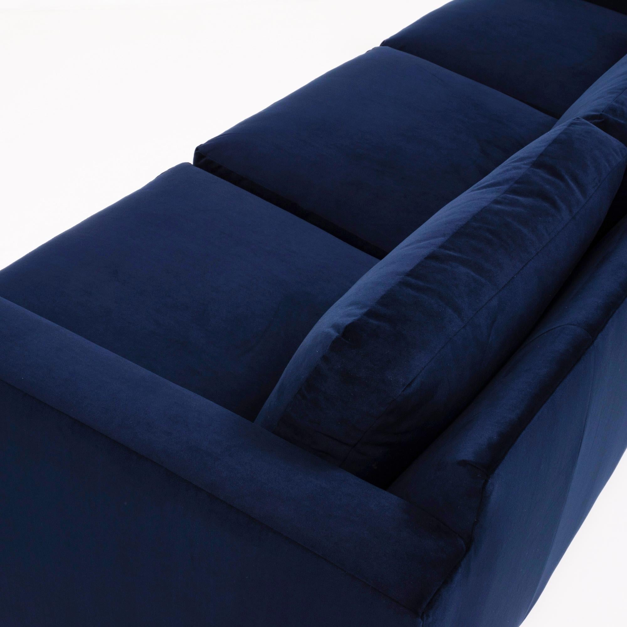 Mid-20th Century Midcentury Navy Velvet Three-Seat Sofa by Milo Baughman