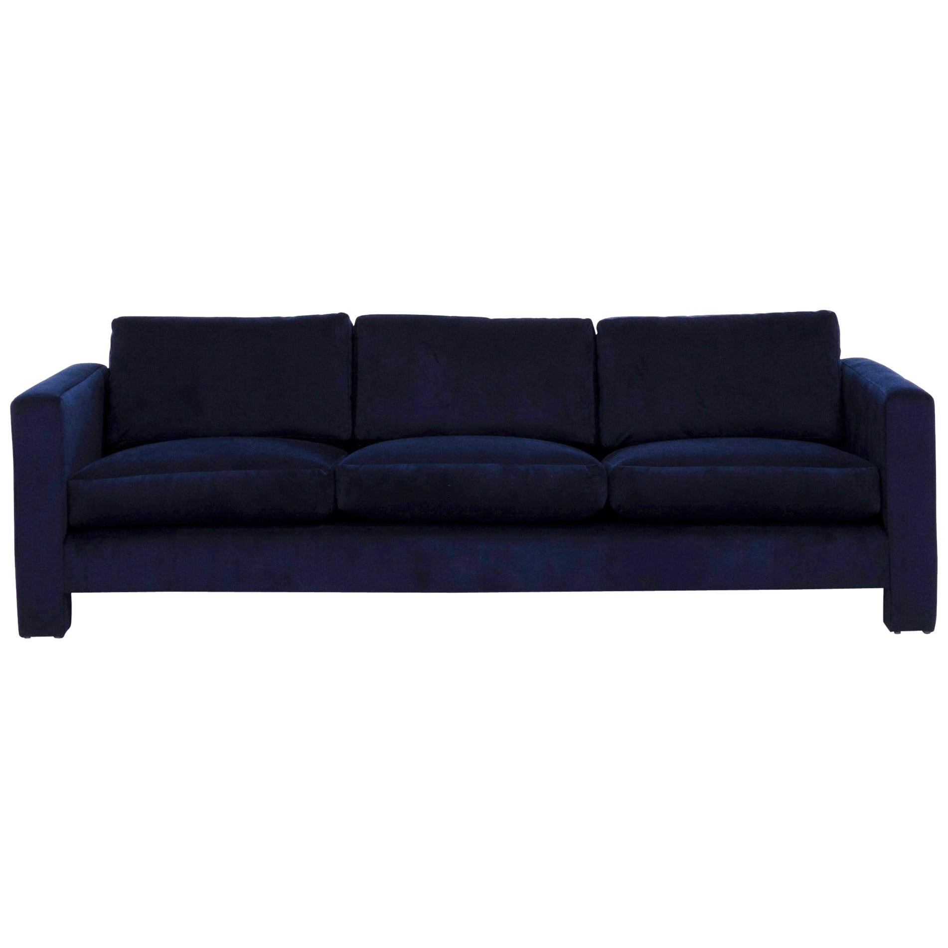 Midcentury Navy Velvet Three-Seat Sofa by Milo Baughman