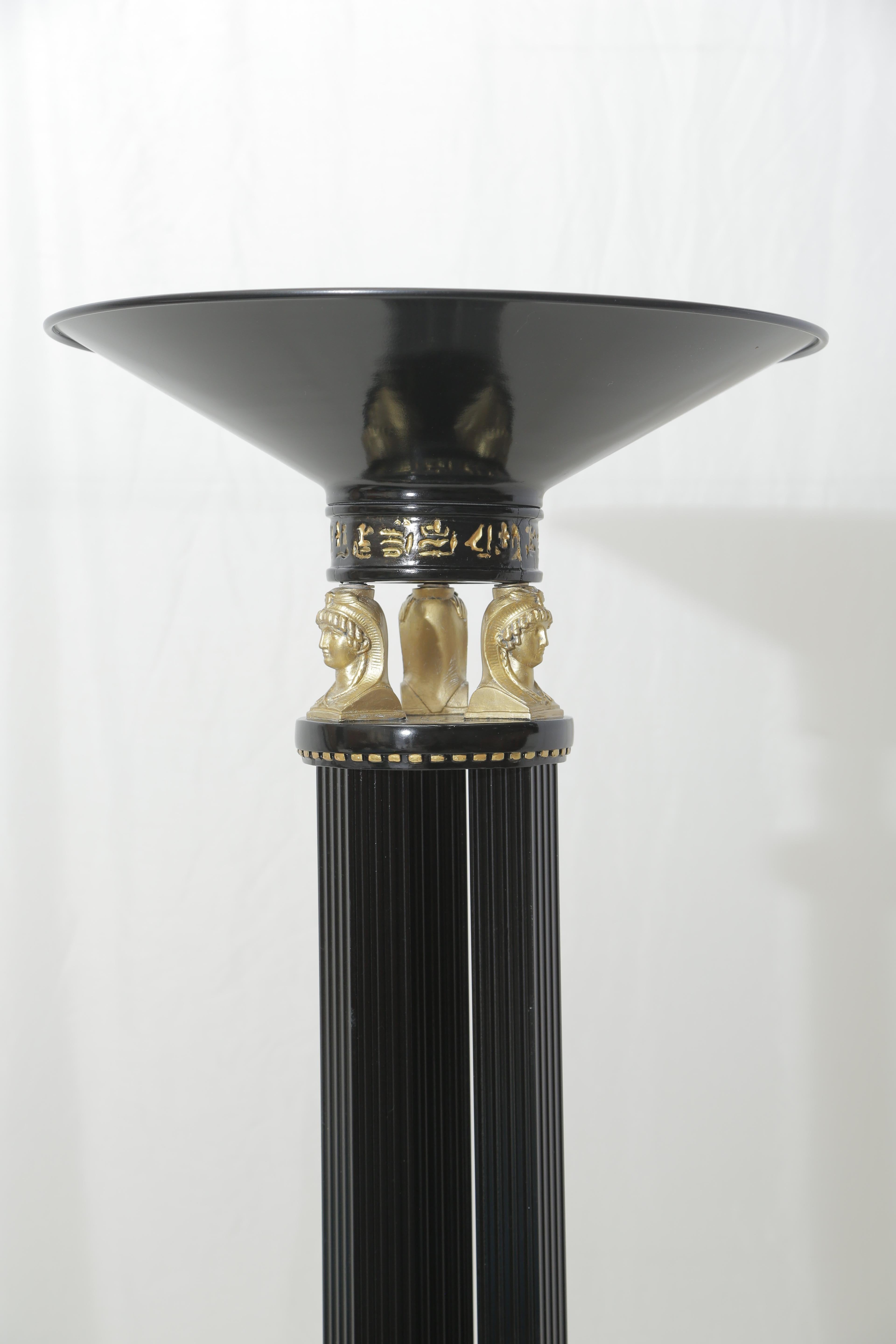 American Midcentury Neoclassical Egyptian Style Black Lacquered Metal Floor Lamp For Sale
