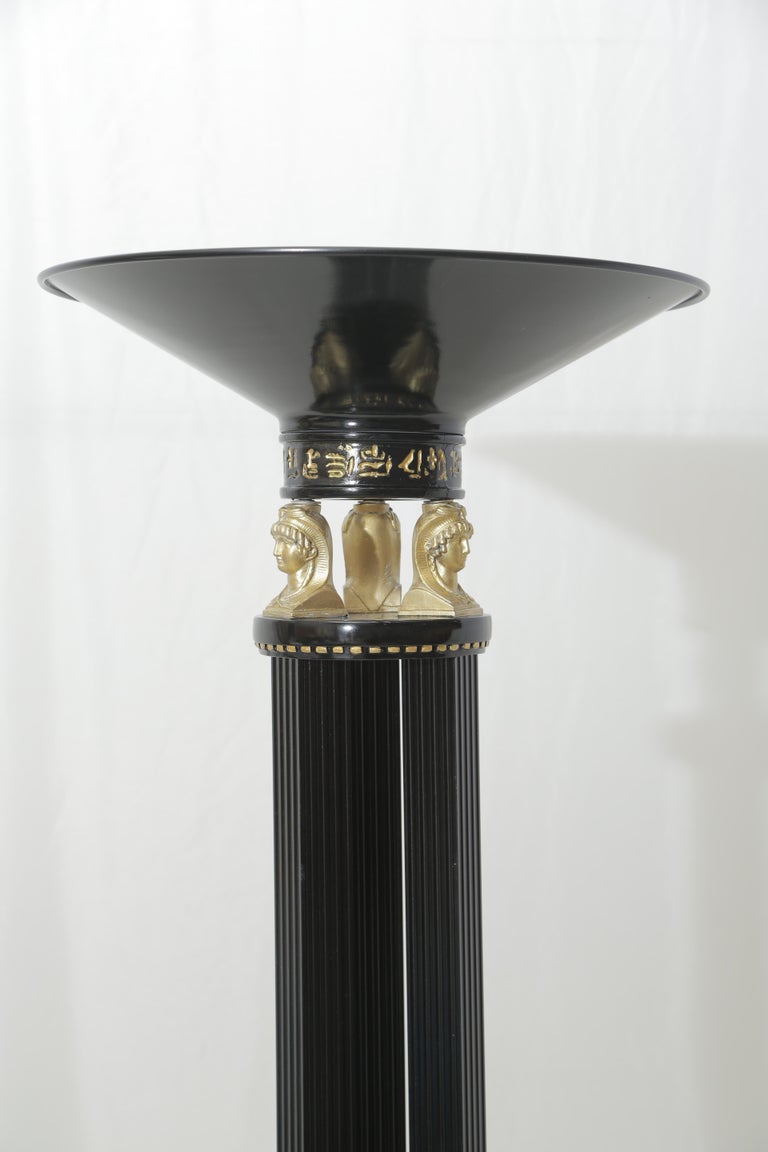 Midcentury Neoclassical Egyptian Style Black Lacquered Metal Floor Lamp
