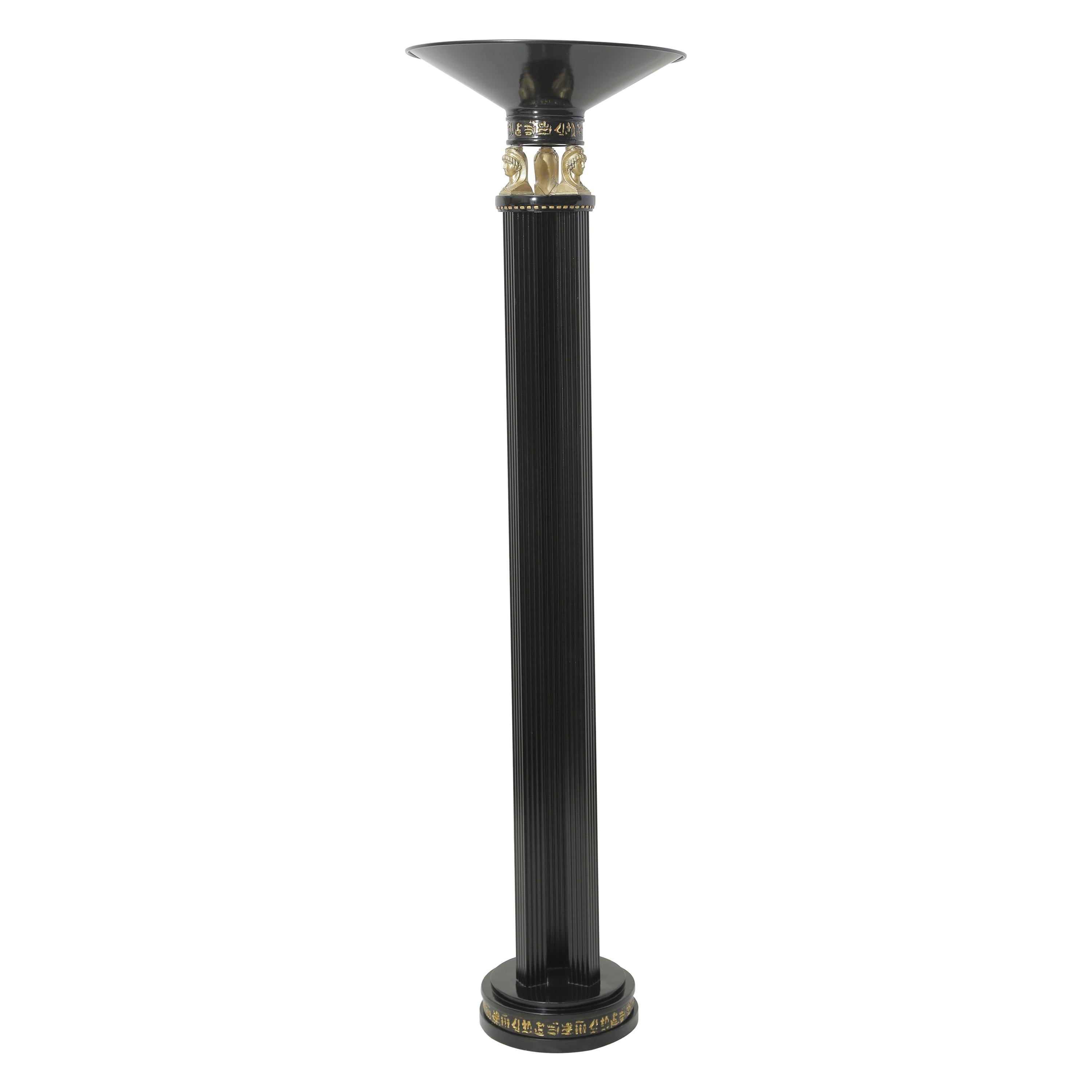Midcentury Neoclassical Egyptian Style Black Lacquered Metal Floor Lamp For Sale