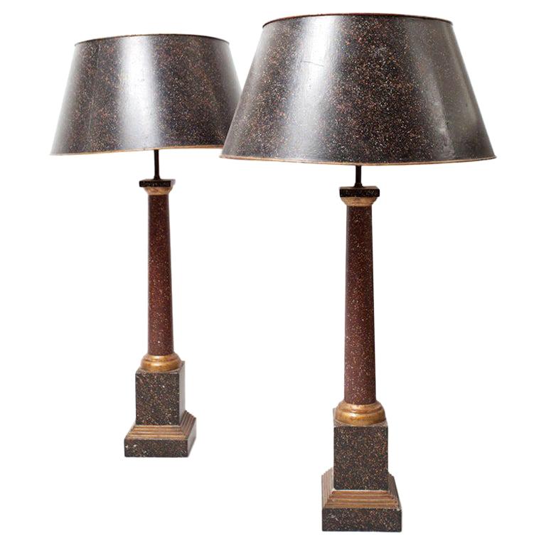 Midcentury Neoclassical Metal and Faux Phorphyry Table Lamps Jansen Style, Pair