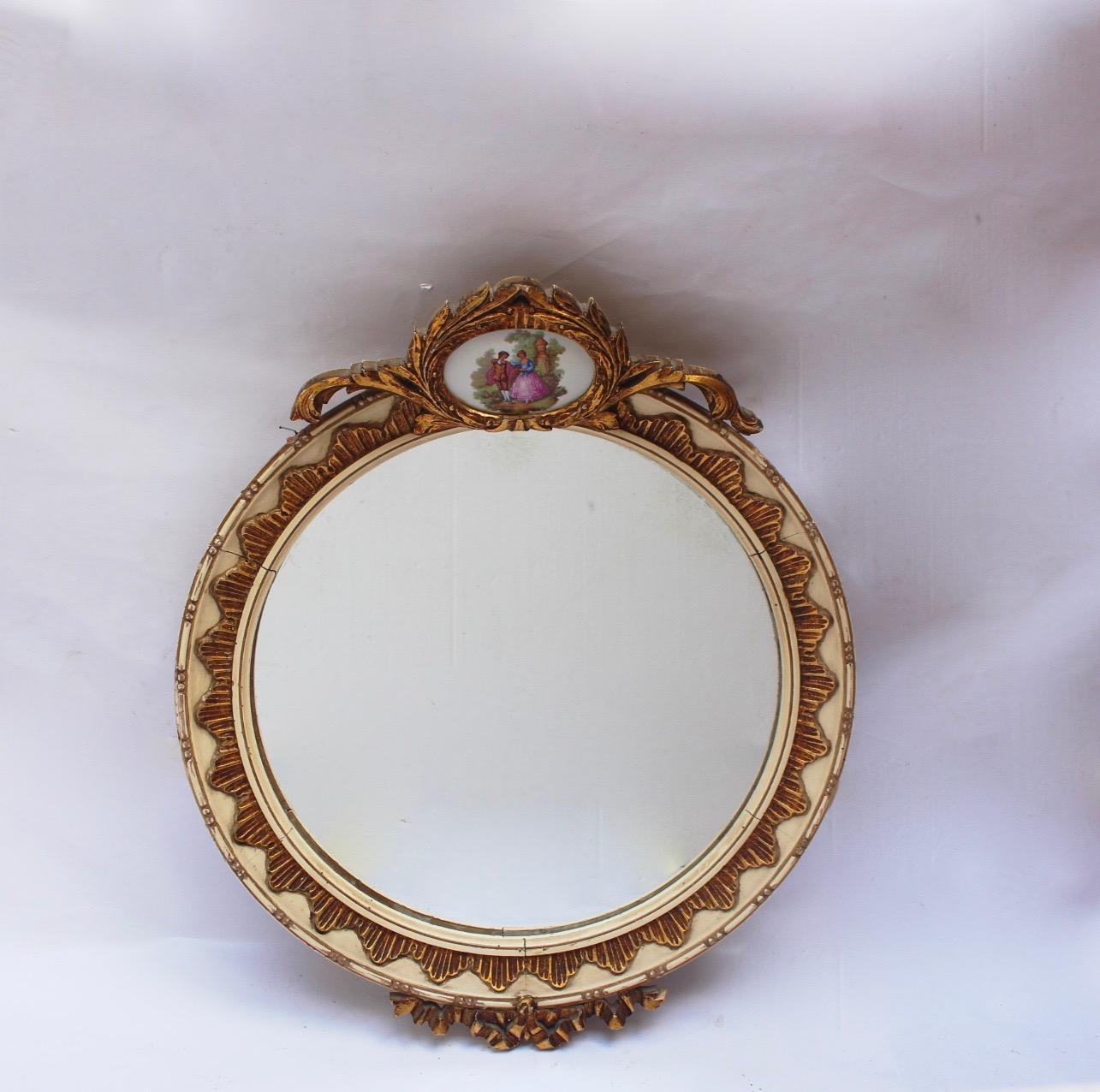 Polychromed Midcentury Neoclassical Revival Round Wood and Ceramic White Wall Mirror, 1950s For Sale