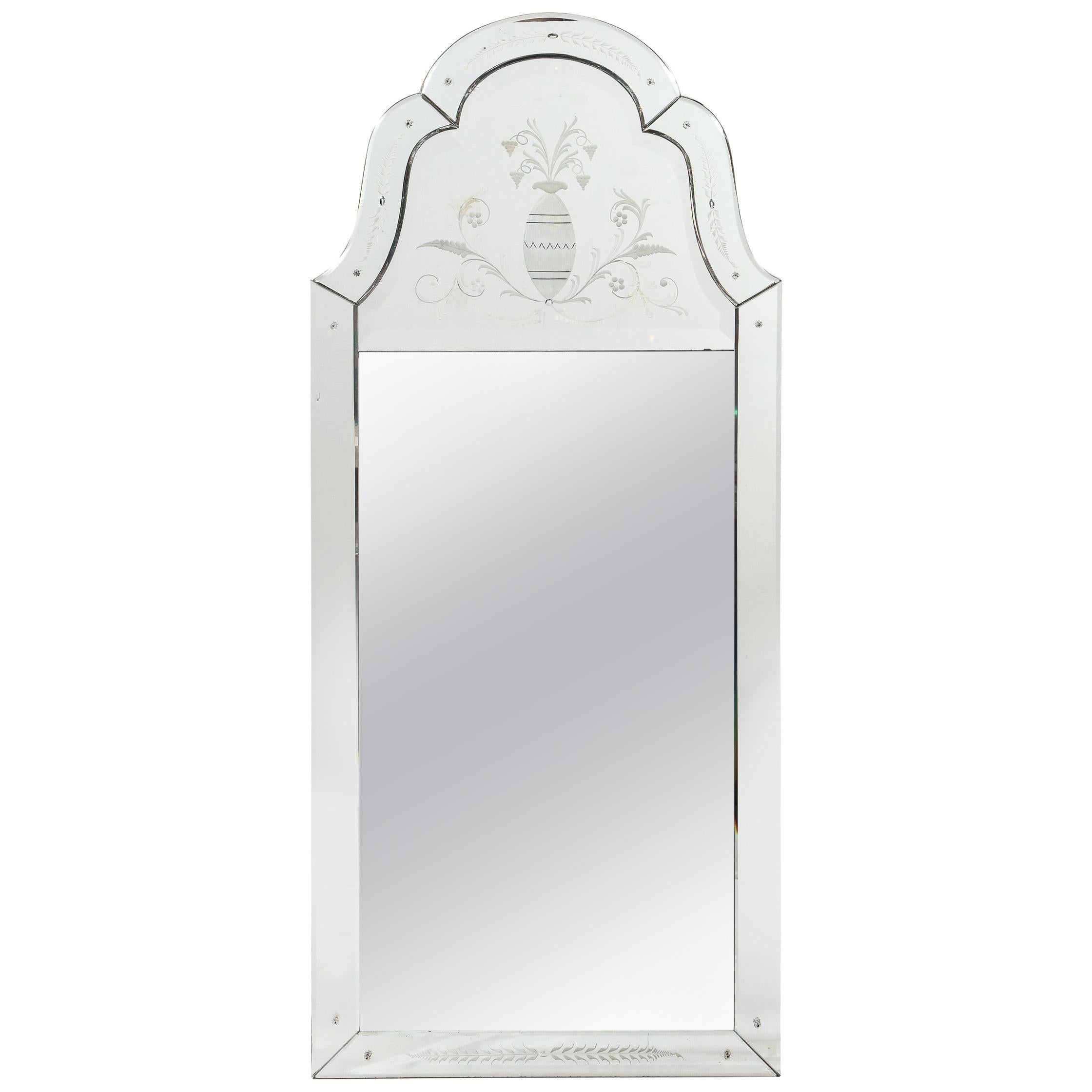 Midcentury Neoclassical Style Etched and Scalloped Mirror with Foliate Detailing